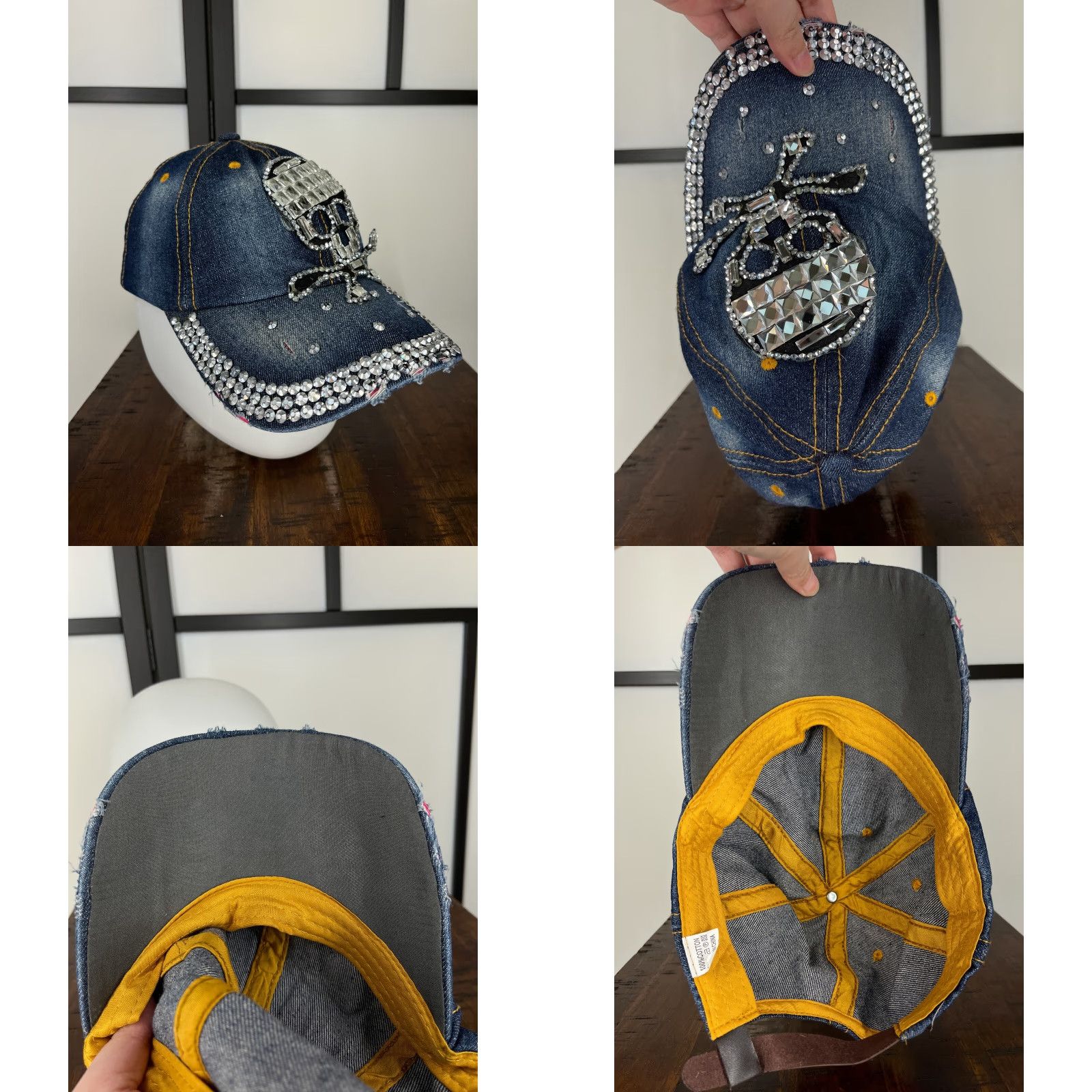 Vintage Blue Denim Skull Hat Cap Strap Back Womens One Size Cotton Twill Rhinestone Adjustable Beaded Beach Outdoor Baseball Cap Womens Hats Size ONE SIZE - 8 Thumbnail