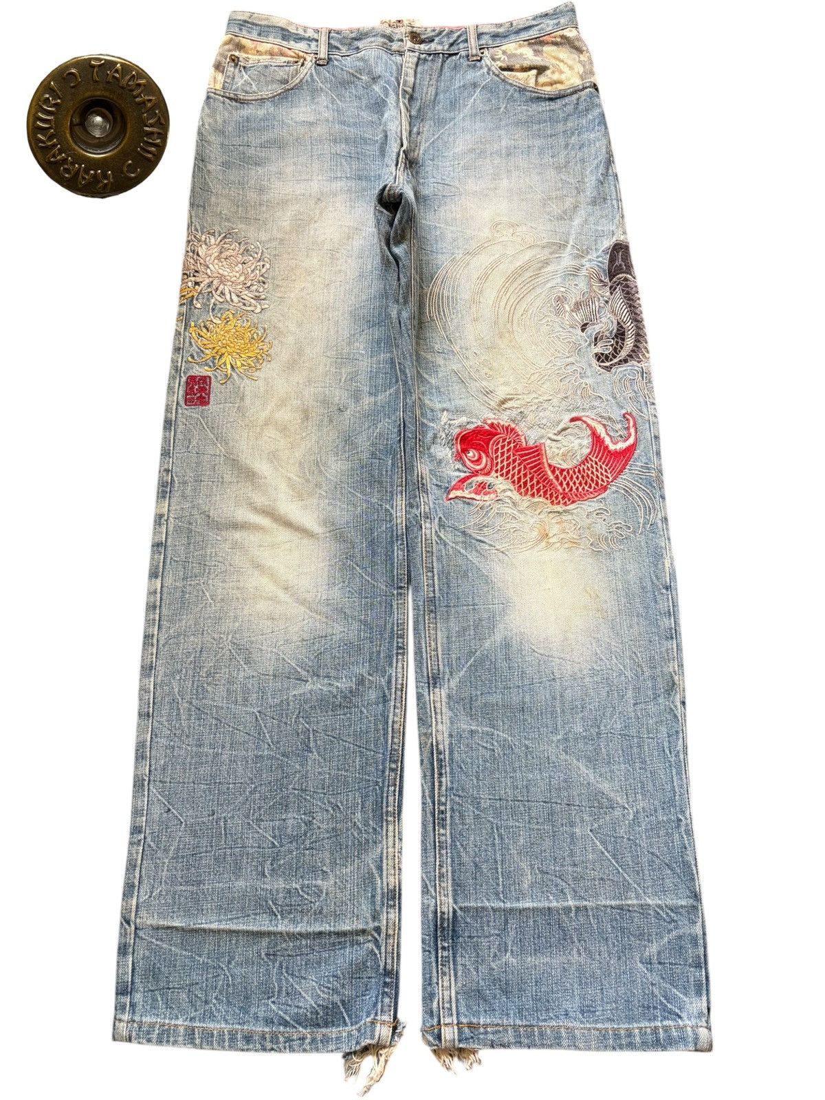 Karakuri Tamashii Vintage Karakuri Tamashi Embroidered Distress Baggy Jeans Size US 32 / EU 48 - 1 Thumbnail