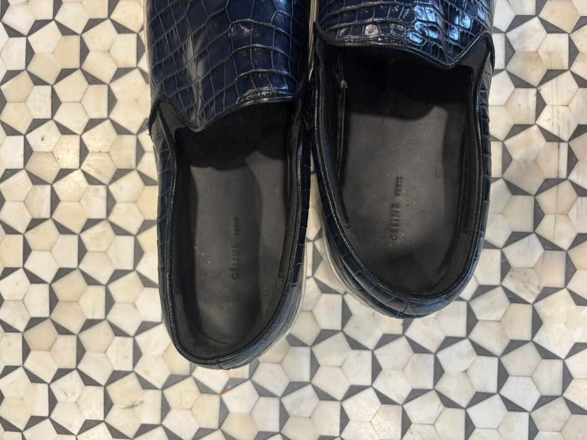 CELINE Navy Crocodile Embossed Leather Slip On