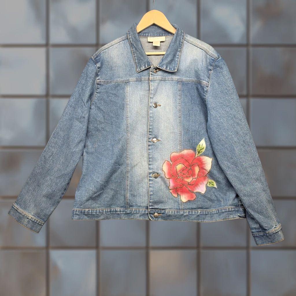 Vintage VINTAGE Monroe & Main Denim Jean Jacket Womens 1X Floral Painted Beaded Rose Artsy Jacket Womens 1X Blue Size 40" / US 18 - 1 Thumbnail