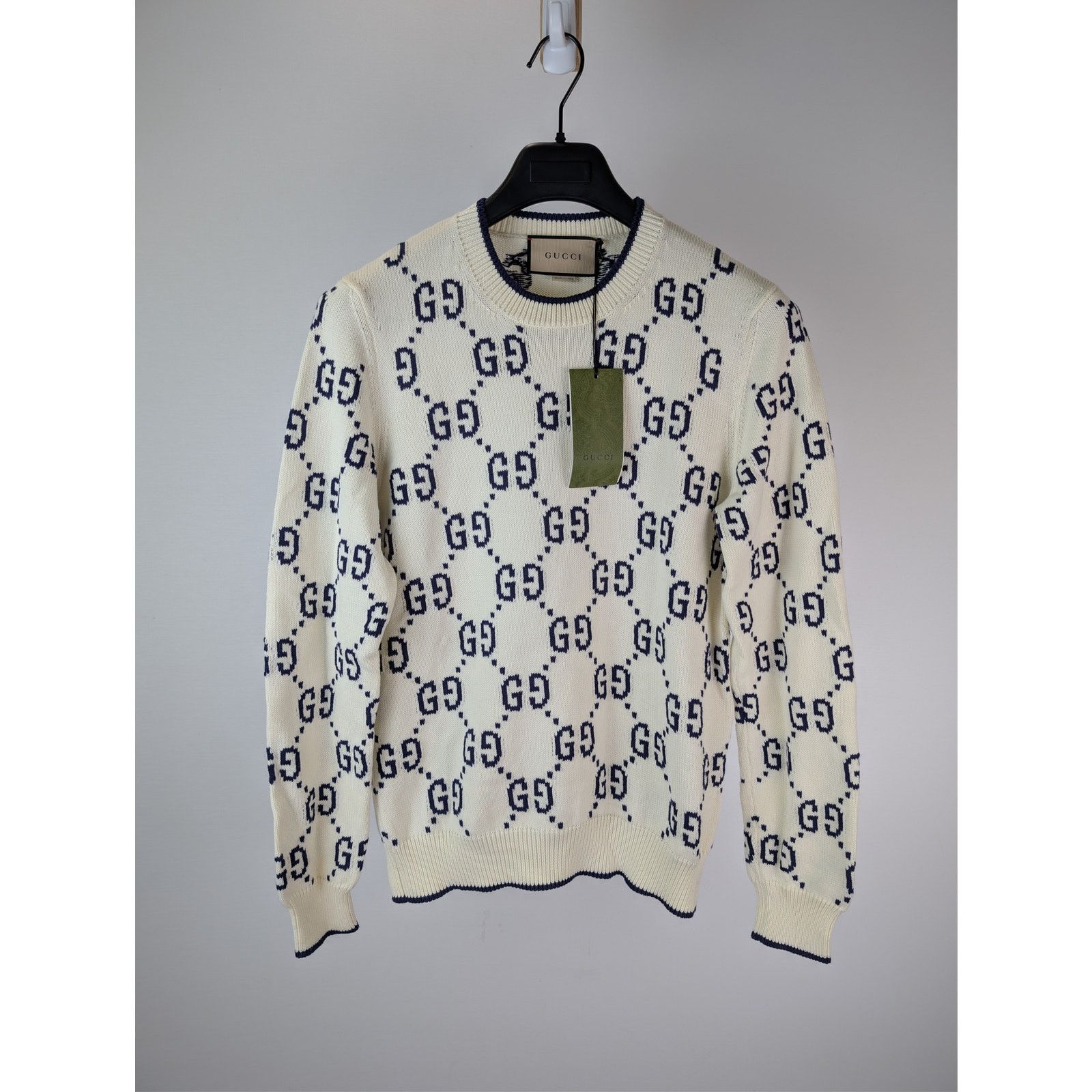 Gucci o1rshd1 GG Cotton Knit Sweater in Ivory / Navy Blue Size US M / EU 48-50 / 2 - 8 Thumbnail