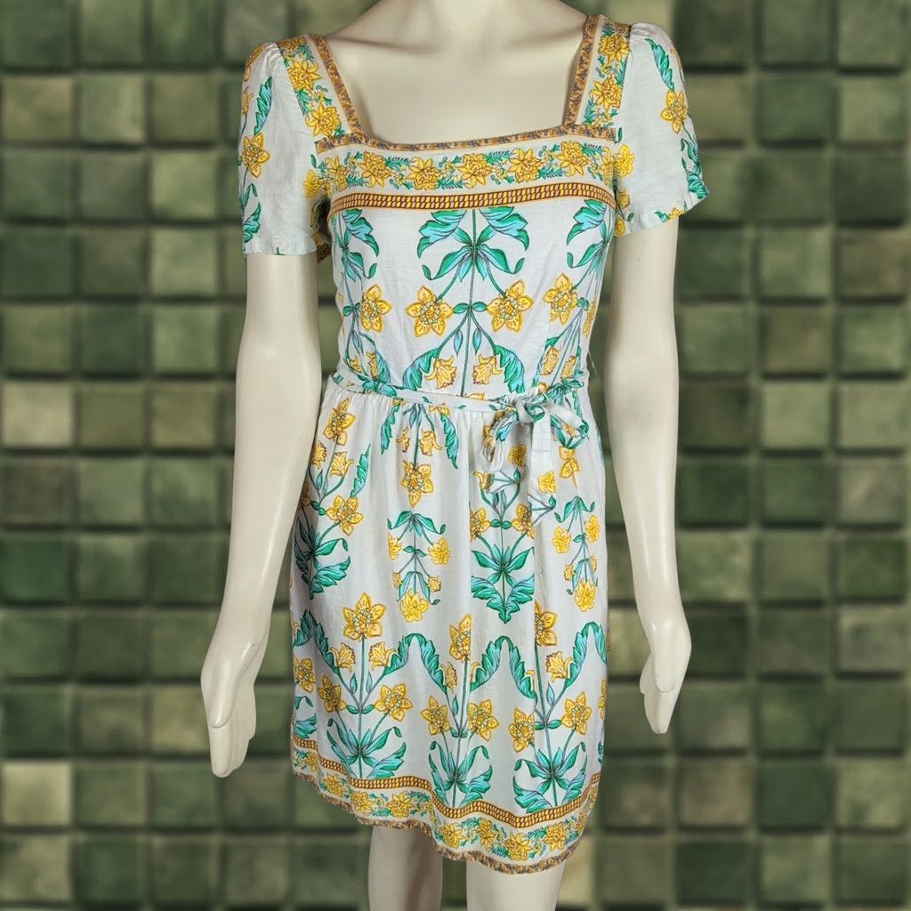 Vintage Draper James RSVP Mini Dress Yellow Floral Smocked Linen Rayon Square Neck Sz M Dress Size M / US 6-8 / IT 42-44 - 1 Thumbnail
