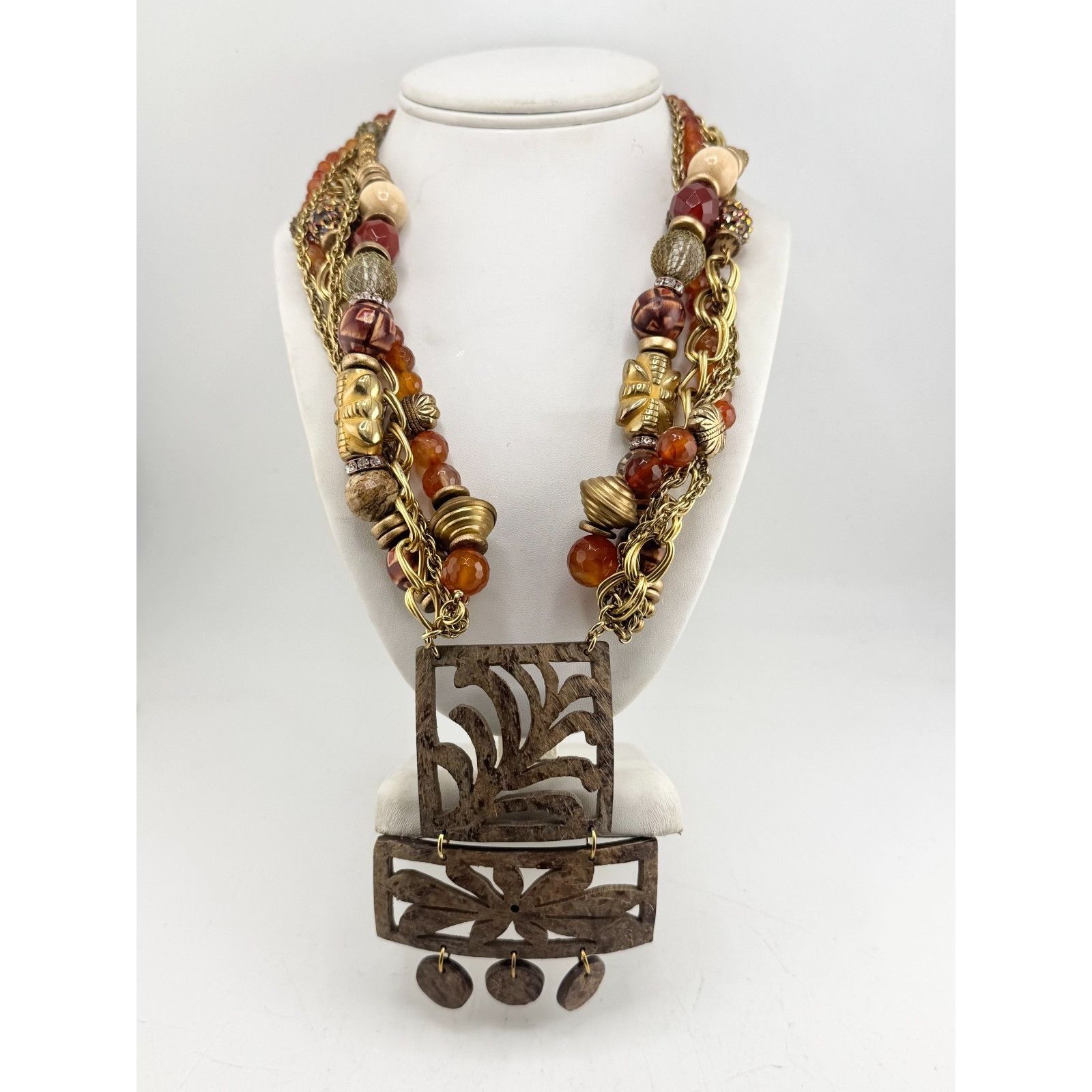 Vintage Vintage multi strand orange glass beaded bamboo wood pendant Size ONE SIZE - 5 Thumbnail