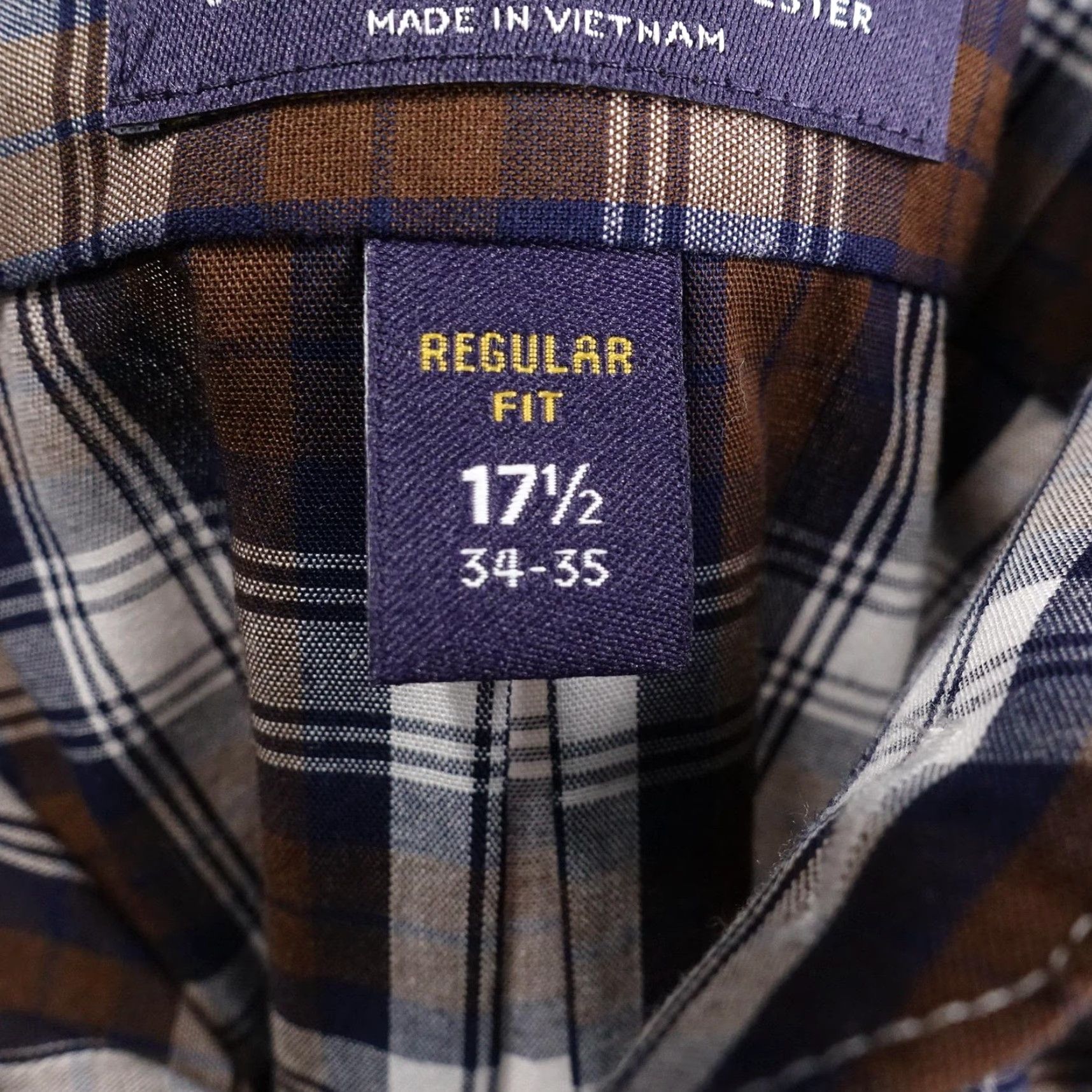 Stafford Stafford Dress Shirt Mens 17.5 34/35 Brown Plaid Regular Fit Travel Easy Care Shirt Mens Regular 17.5 34/35 Brown Plaid Easy Care Size 48R - 7 Thumbnail