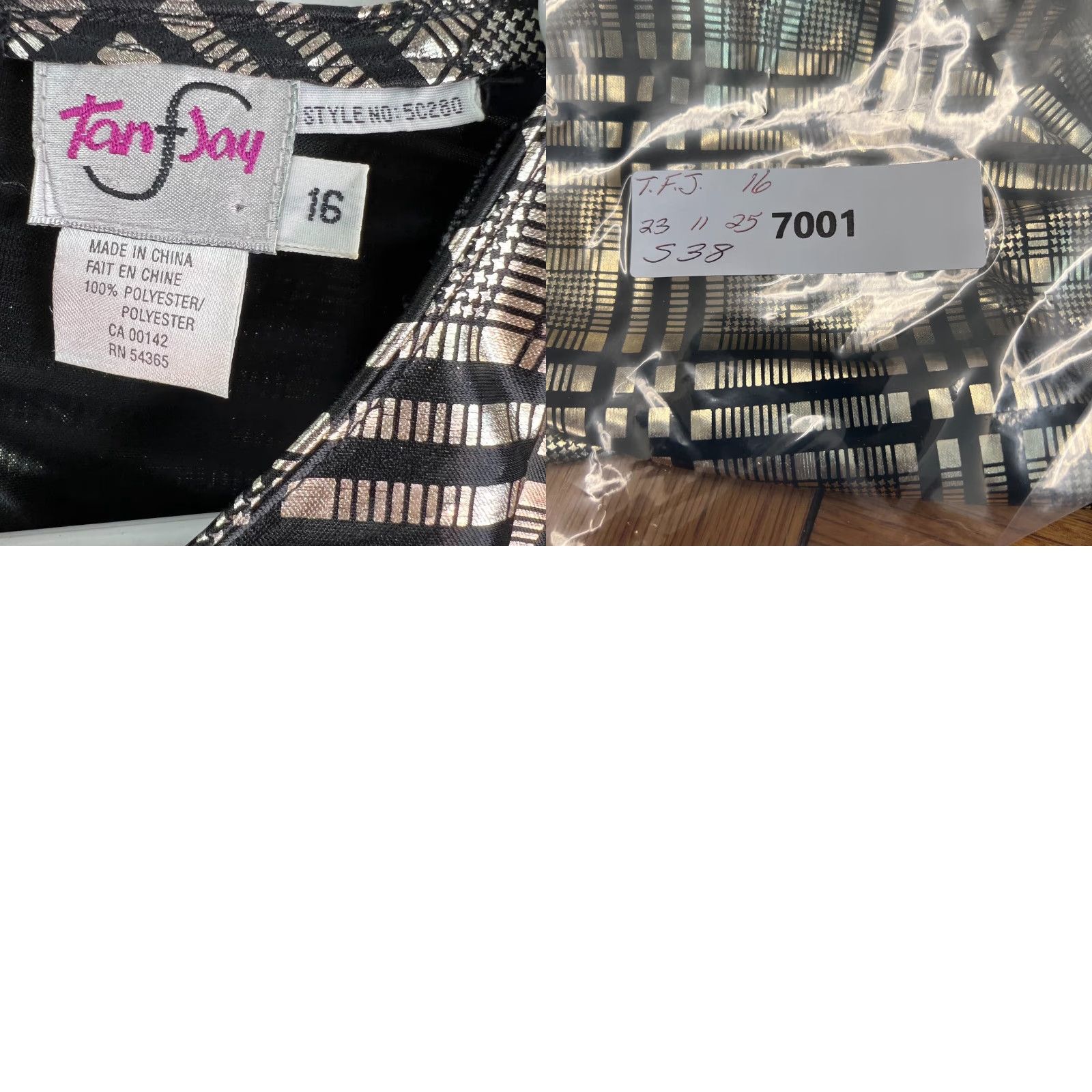 Vintage Tan F Jay Women's Blouse Plaid Metallic Black Top Size 16 3/4 Sleeves Pullover Size XXL / US 16-18 / IT 52-54 - 8 Thumbnail
