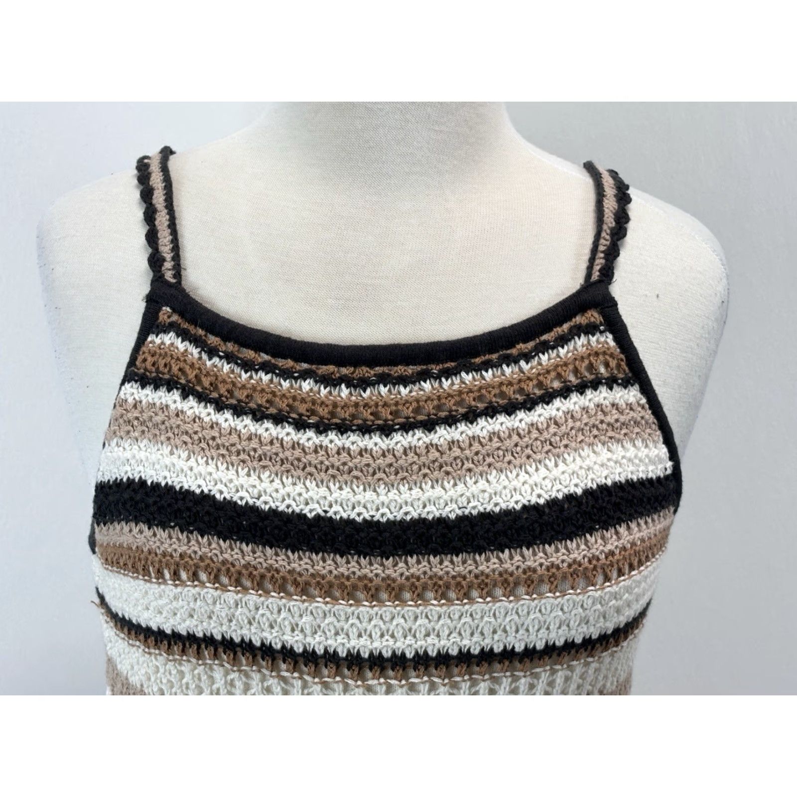 American Eagle Outfitters American Eagle Outfitters 70s Boho Crochet Dress Small Brown Striped Sleeveless Mini Casual Womens Size S / US 4 / IT 40 - 5 Thumbnail
