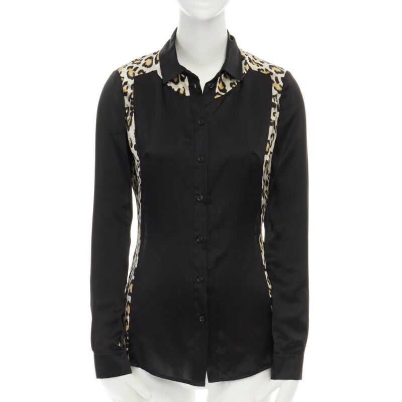 JUST CAVALLI 100% silk black leopard button front shirt IT40 S