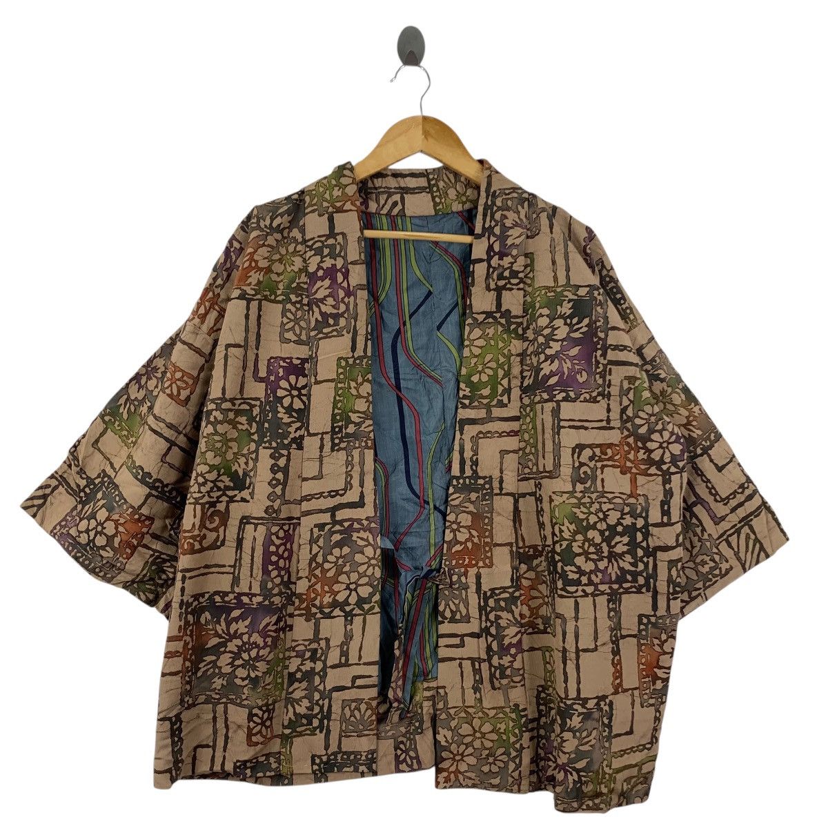 Vintage 70s KIMONO JAPAN HAORI Geometric Earth Tone