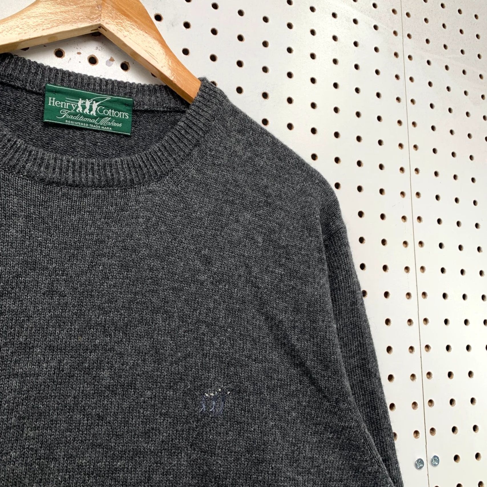 VINTAGE Henry Cotton Sweater Mens M Gray Merino Wool Crewneck Knit Pullover Winter Fall Italy 90s Mens