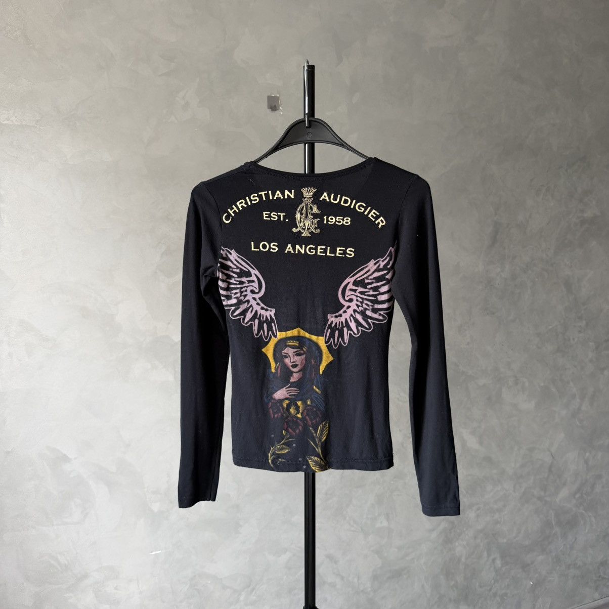Christian Audigier Christian Audigier Vintage Y2K Virgin Mary Rhinestone LS Size S / US 4 / IT 40 - 2 Thumbnail