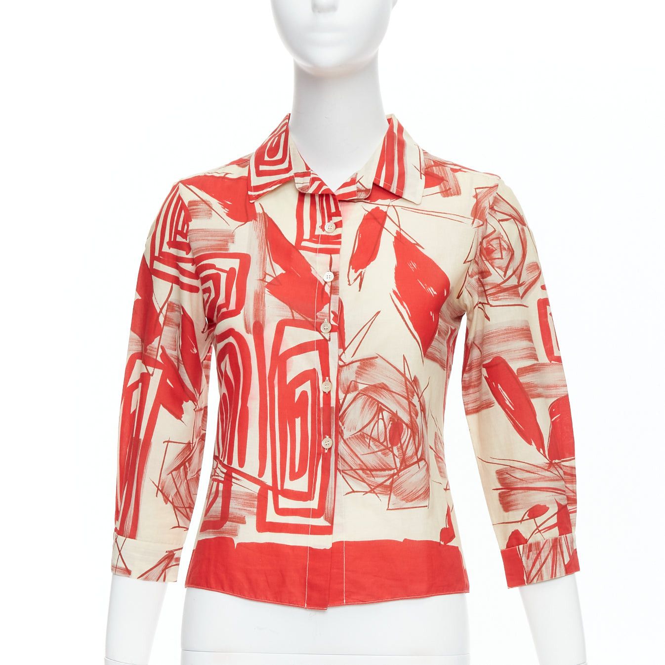 Marni MARNI red beige 100% cotton abstract floral print crop shirt IT38 XS Size XS / US 0-2 / IT 36-38 - 1 Thumbnail