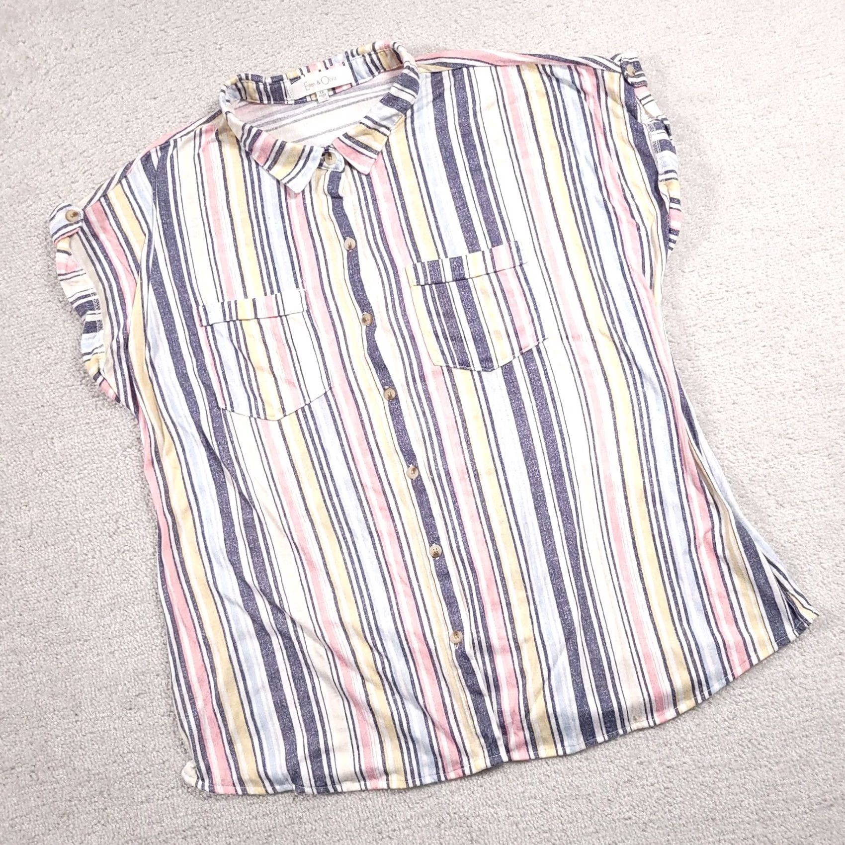 Vintage Eden & Olivia Button Front Shirt Women's 1X Pockets Roll Tab Sleeve Striped Shirt Size XL / US 12-14 / IT 48-50 - 2 Thumbnail