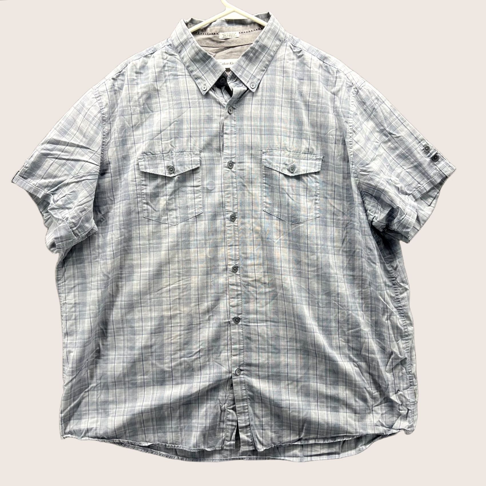 Calvin Klein VINTAGE: Calvin Klein Shirt Mens 2XL Gray Button-Down Short Sleeve Cotton Check Plaid Shirt Size US XXL / EU 58 / 5 - 1 Thumbnail