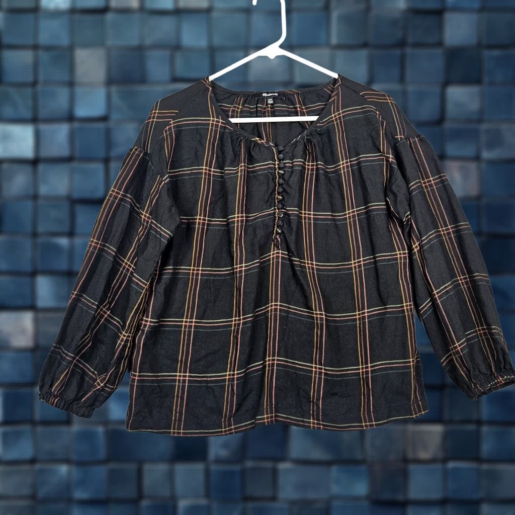 Madewell Madewell Windowpane Shirred Peasant Top Long Sleeve XXS Blouse Womens Multicolor Pattern Check V-Neck Pullover All Seasons Regular Fit Size XXS / US 00 / IT 34 - 1 Thumbnail