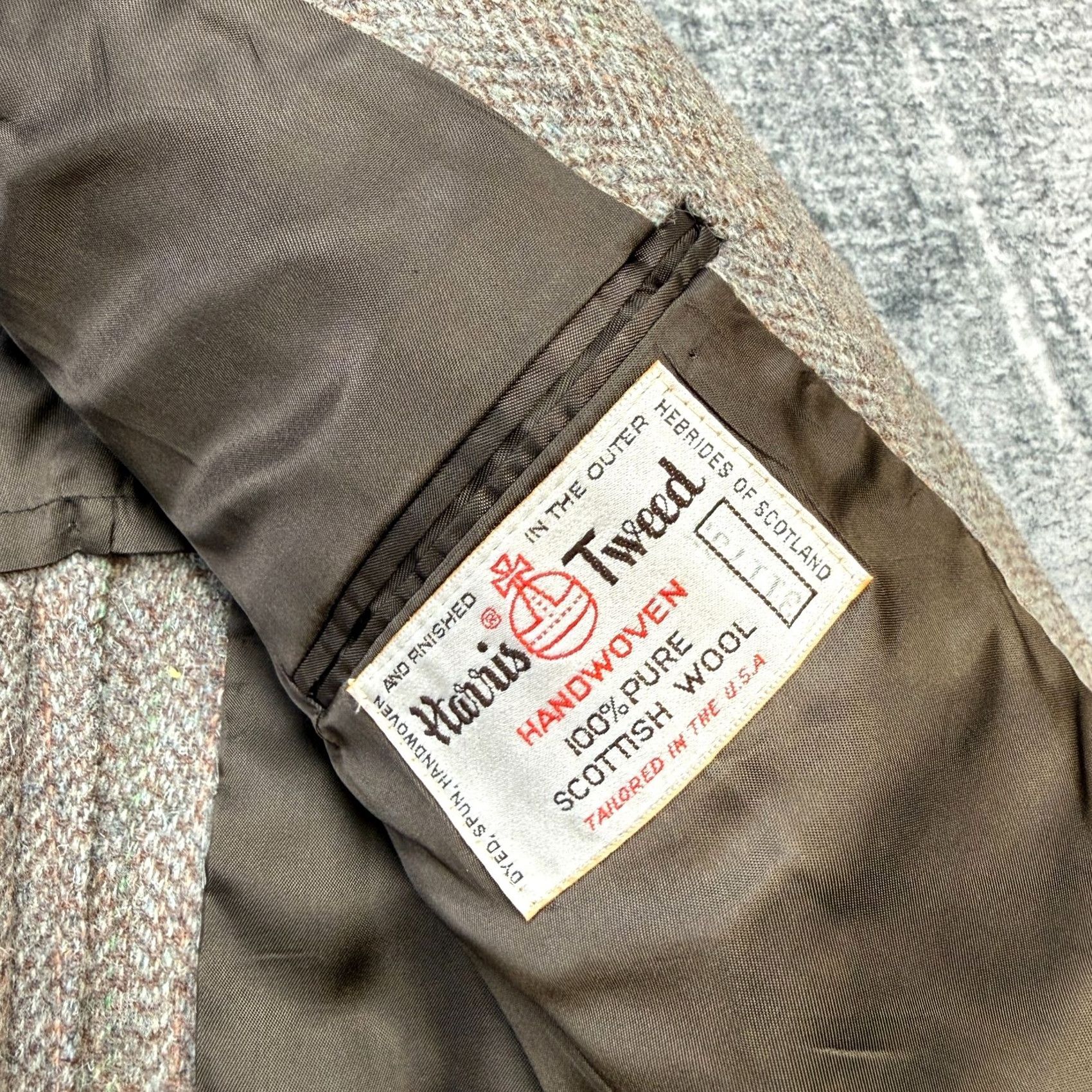 Harris Tweed VINTAGE Brooke & Deane Blazer Jacket Mens 42 Brown Herringbone Tweed Wool Notch 2-Button Single-Breasted Classic Fall Winter Spring Coat Size 42R - 7 Thumbnail