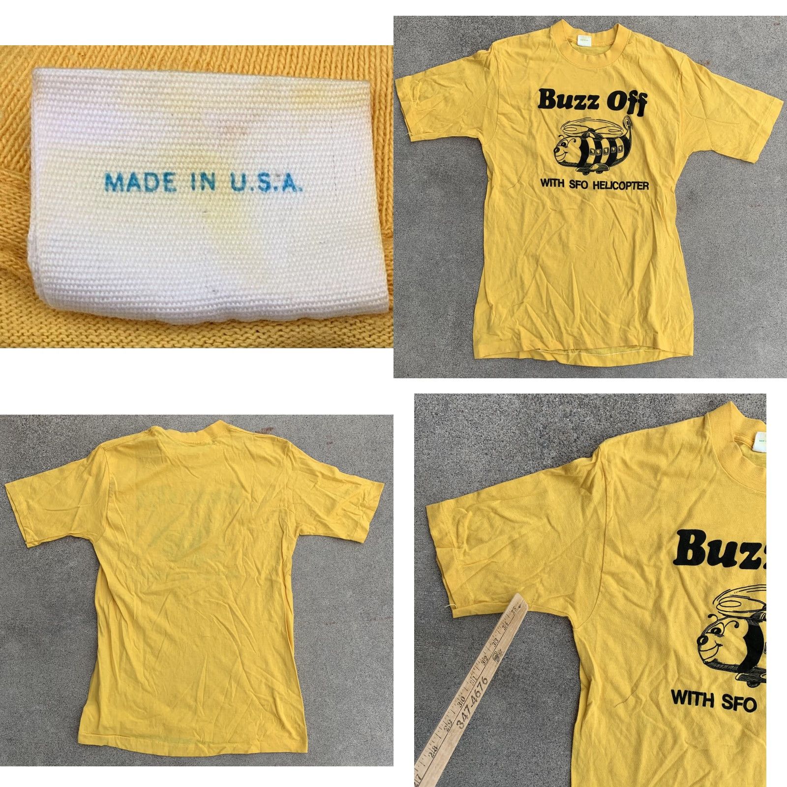 Vintage VINTAGE Belton T-Shirt Buzz Off With SFO Helicopter Graphic Bee 100% Cotton Crew Neck Short Sleeve L Mens Yellow 1970s Size US L / EU 52-54 / 3 - 8 Thumbnail