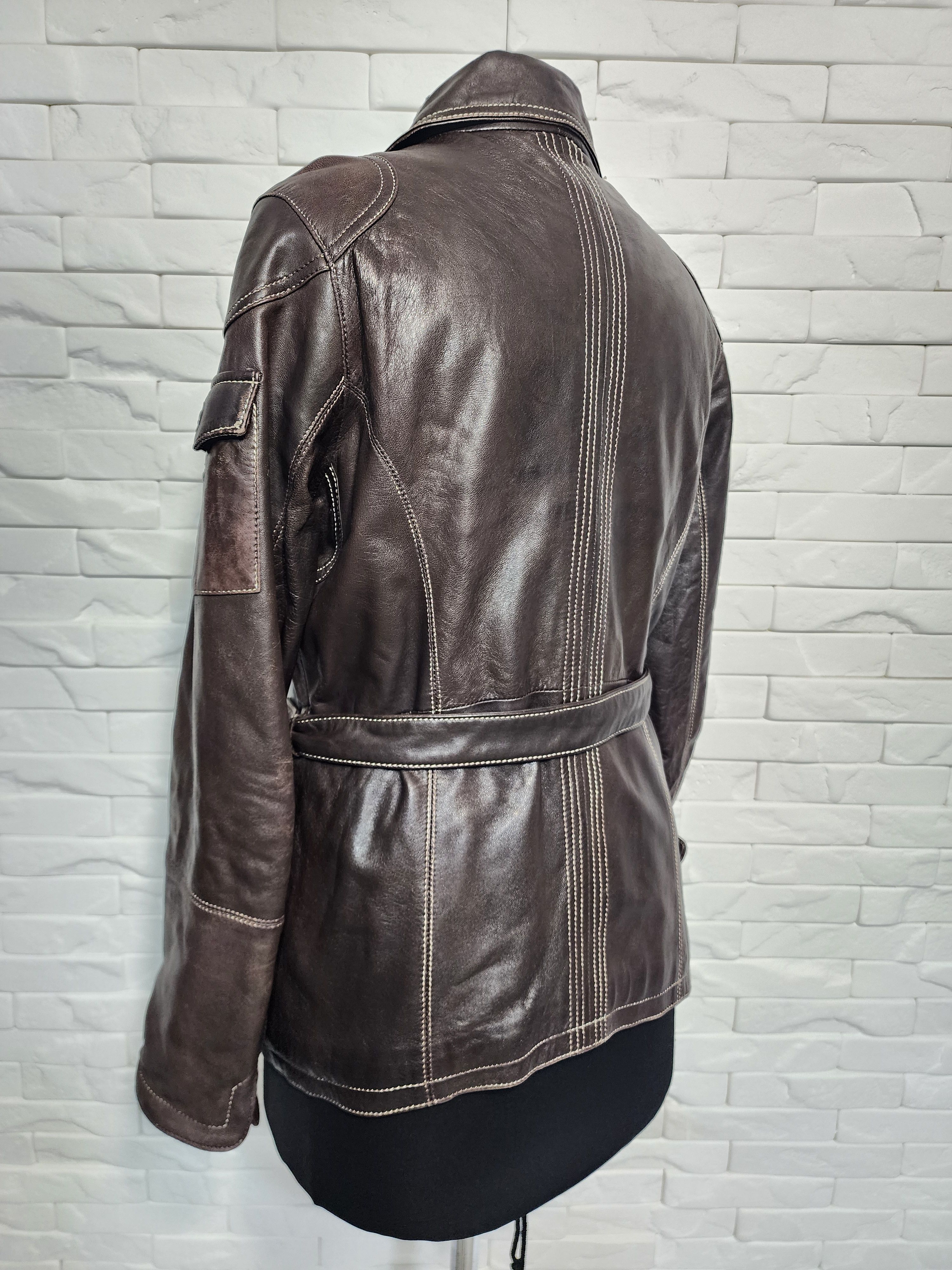 Designer Brown Leather Belted Jacket: Size L / US 10 / IT 46 - 5 Thumbnail