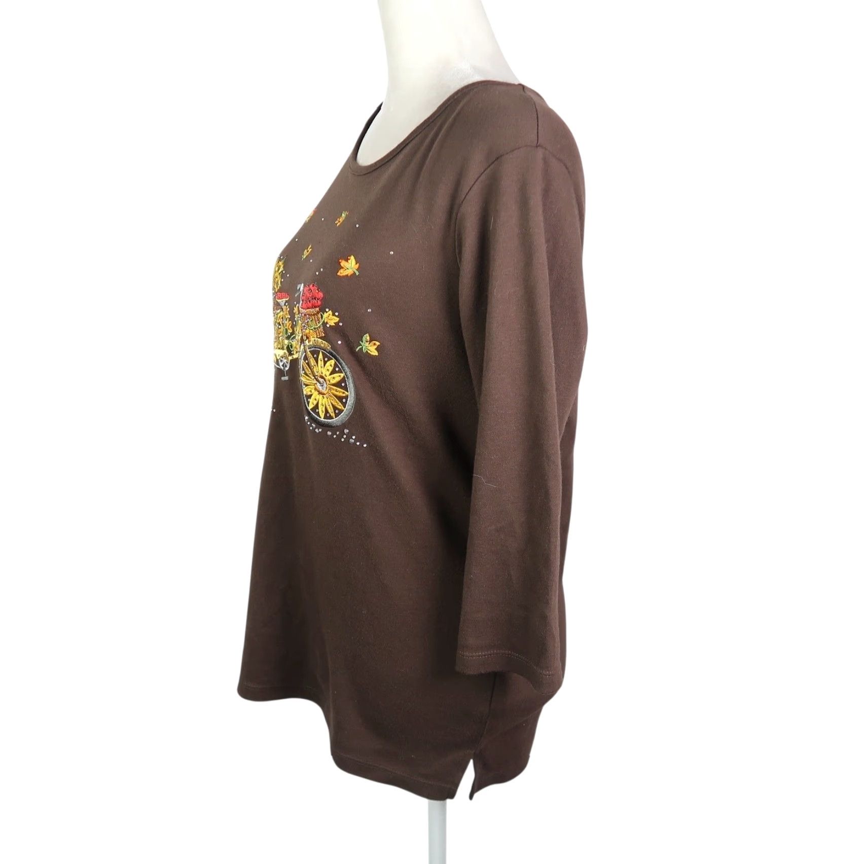 Quacker Factory VINTAGE Quacker Factory Brown Bicycle Embroidered Rhinestone Long Sleeve Tee XS Size XS / US 0-2 / IT 36-38 - 3 Thumbnail