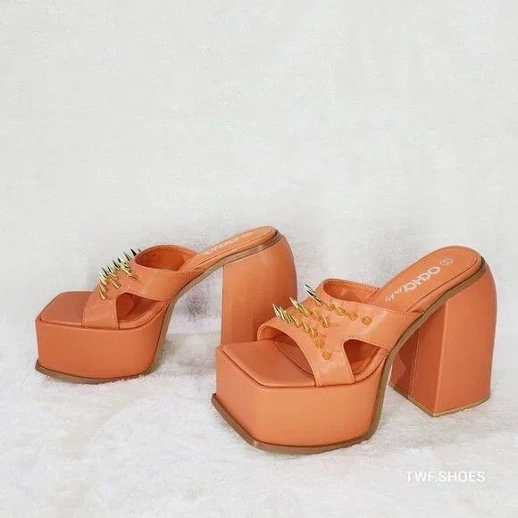 Other Orange Slip On Square Open Toe Chunky Platform Sandals Spike Size US 8 / IT 38 - 2 Thumbnail