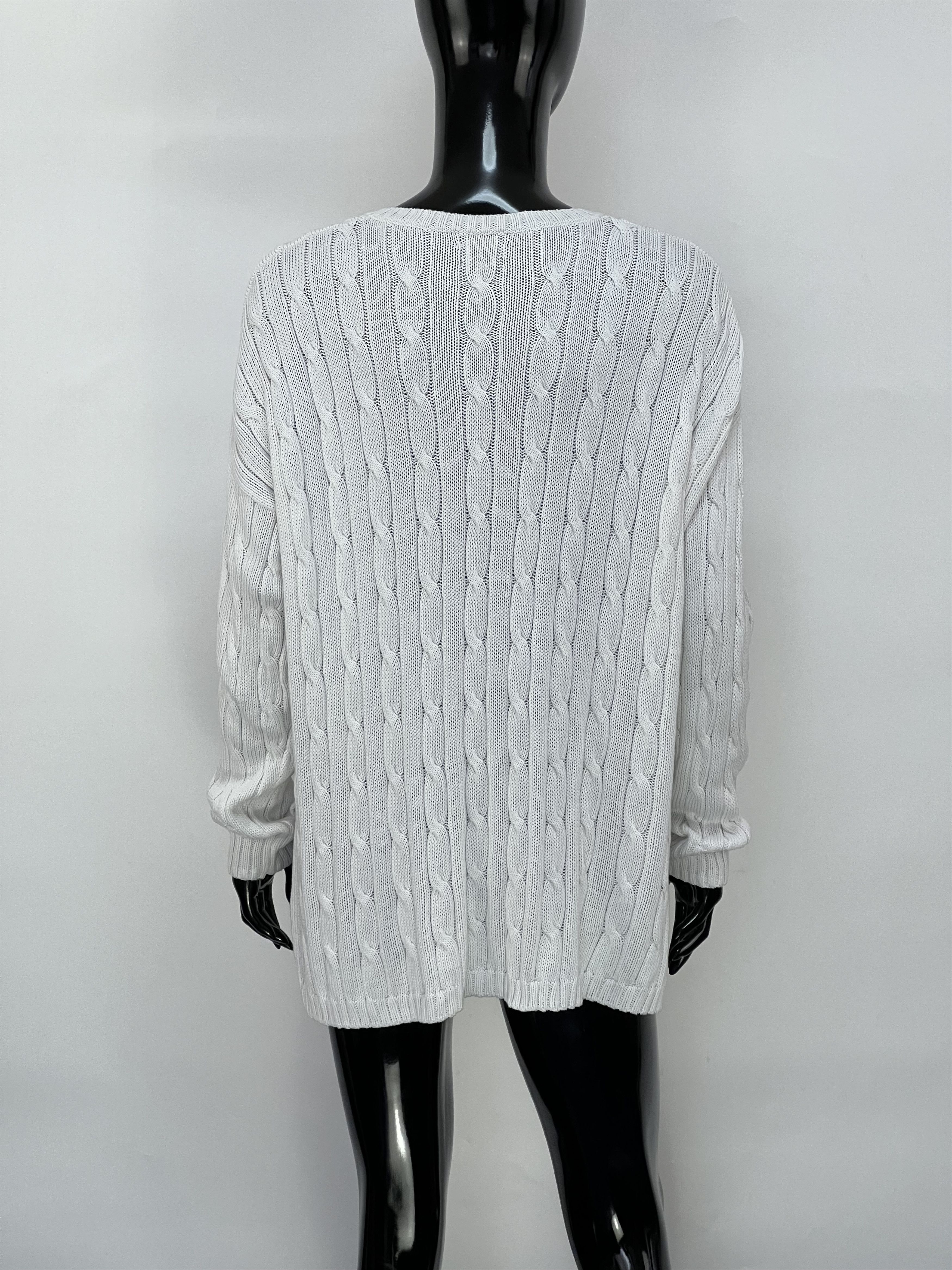 Polo Ralph Lauren Polo Ralph Lauren White Cotton Cable Knit V-Neck Sweater Size L / US 10 / IT 46 - 3 Thumbnail