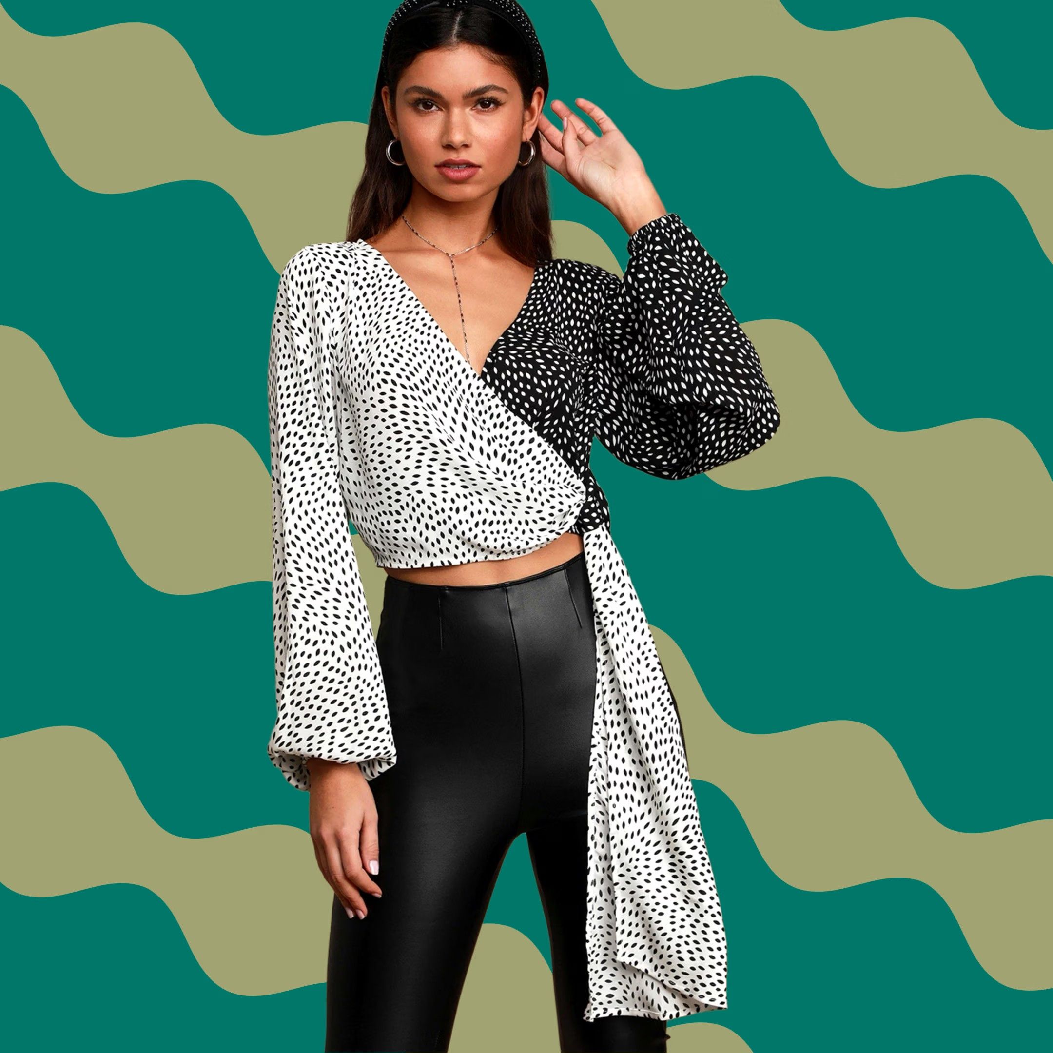 Lulus Lulus Cropped You Dot It Two-Tone Long Sleeve Wrap Top XS Women Shirt Blouse Multicolor Polka Dot Cruella Style Size XS / US 0-2 / IT 36-38 - 1 Thumbnail