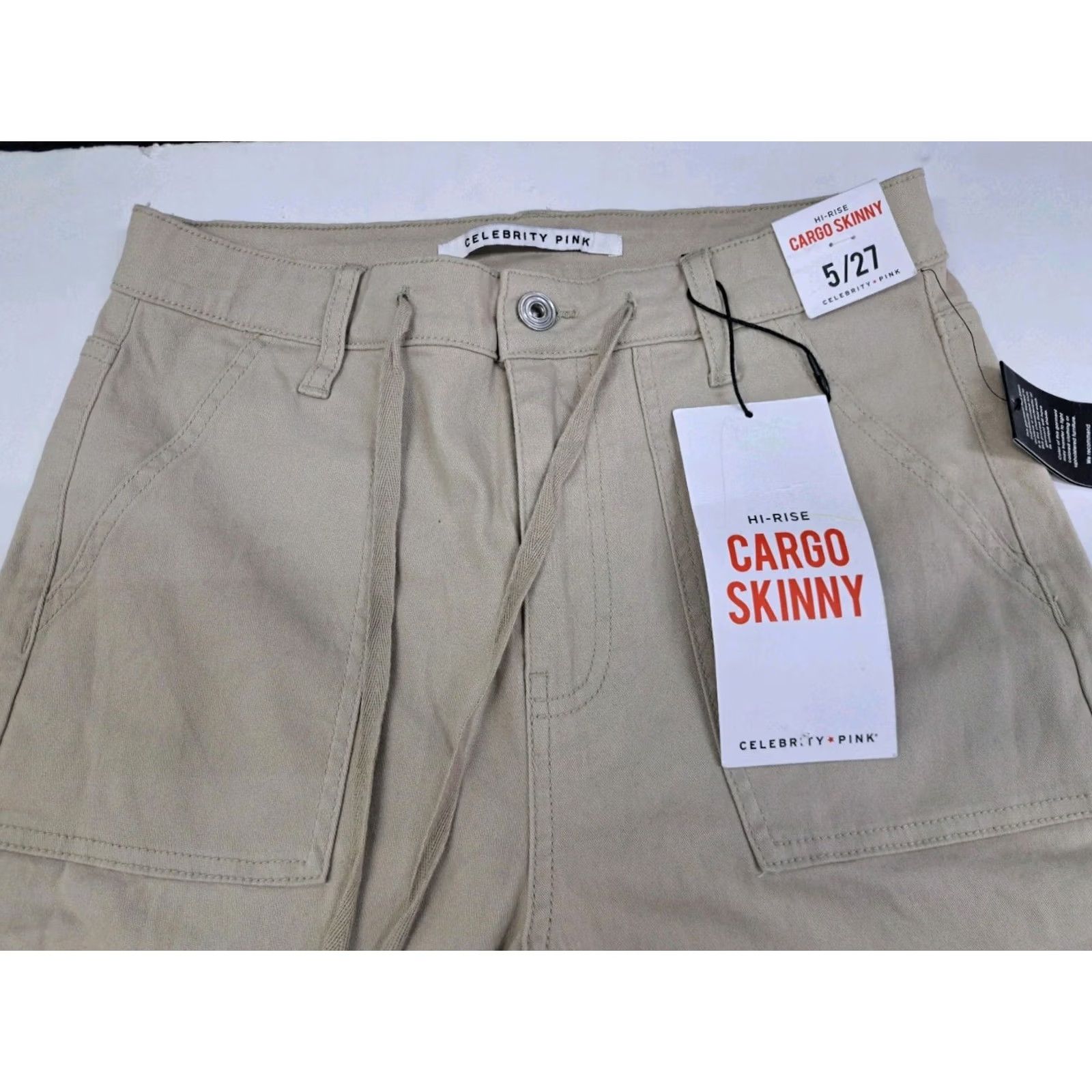 Vintage Celebrity Pink Womens Hi Rise Skinny Cargo Pant Beige 5/27 Size 5 Inseam 27 Denim Cotton Spandex Cargo Pocket Logo Zipper Button Slim Fit Size 27" / US 4 / IT 40 - 3 Thumbnail