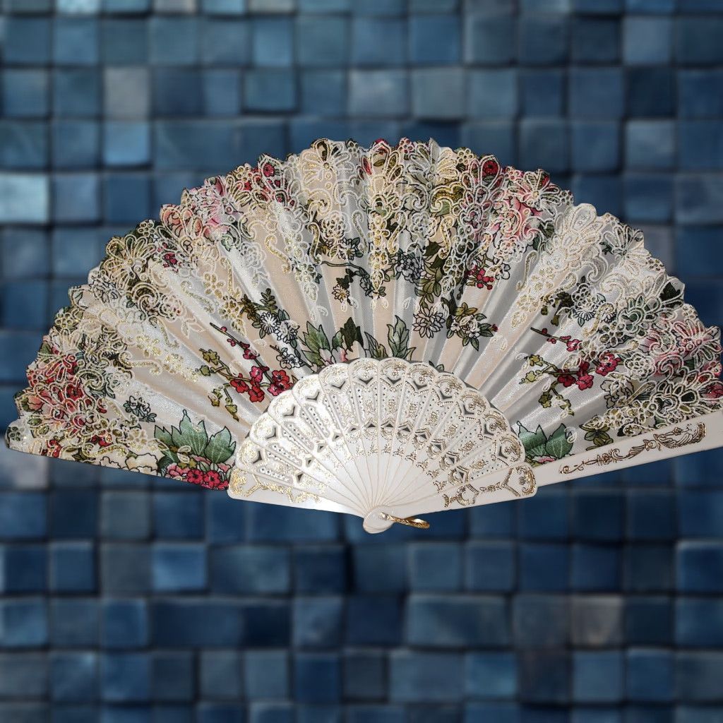 Vintage Vintage Hand Fan Small White Flowers 16-inch Art Deco Decor Accessories Size ONE SIZE - 1 Thumbnail