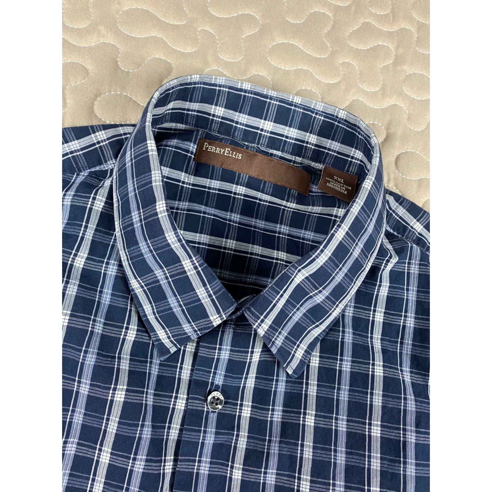 Perry Ellis Perry Ellis Button-Down Dress Shirt Plaid Blue & White Mens 2XL XXL Size 48R - 4 Thumbnail