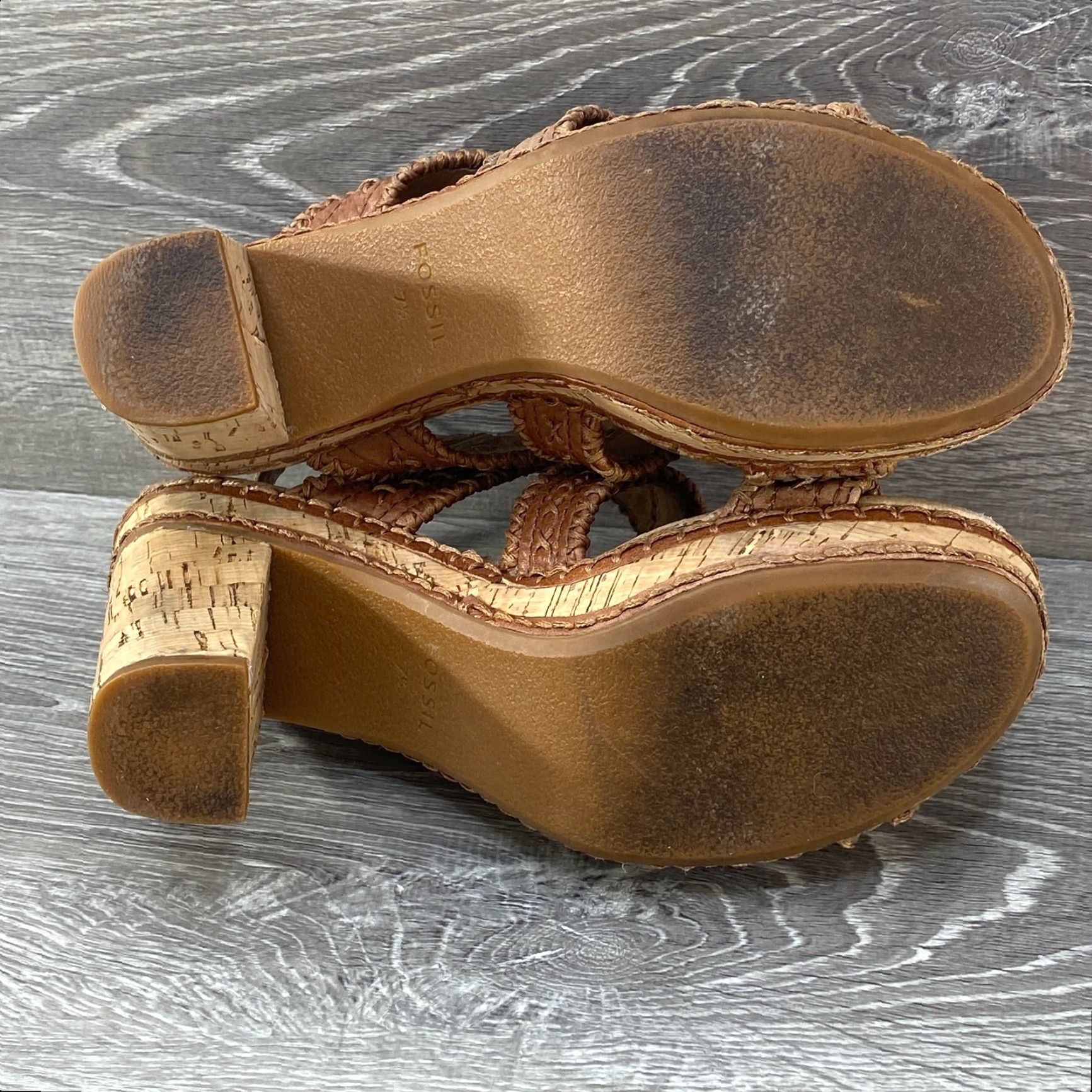 Fossil Fossil Brown Leather Braided Knit Cork 3" Heel Sandal Boho Western Buckle 7.5 Size US 6 / IT 36 - 7 Thumbnail