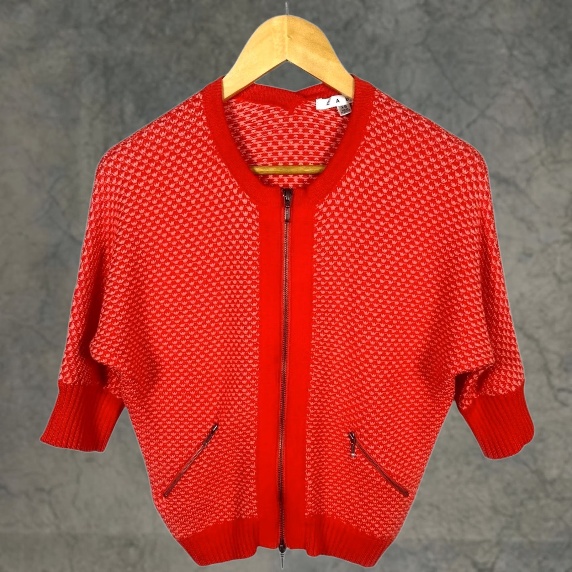 Vintage Cabi Red Geometric Knit Bomber Jacket Pockets Dolman Sleeve XS Womens Size XS / US 0-2 / IT 36-38 - 1 Thumbnail