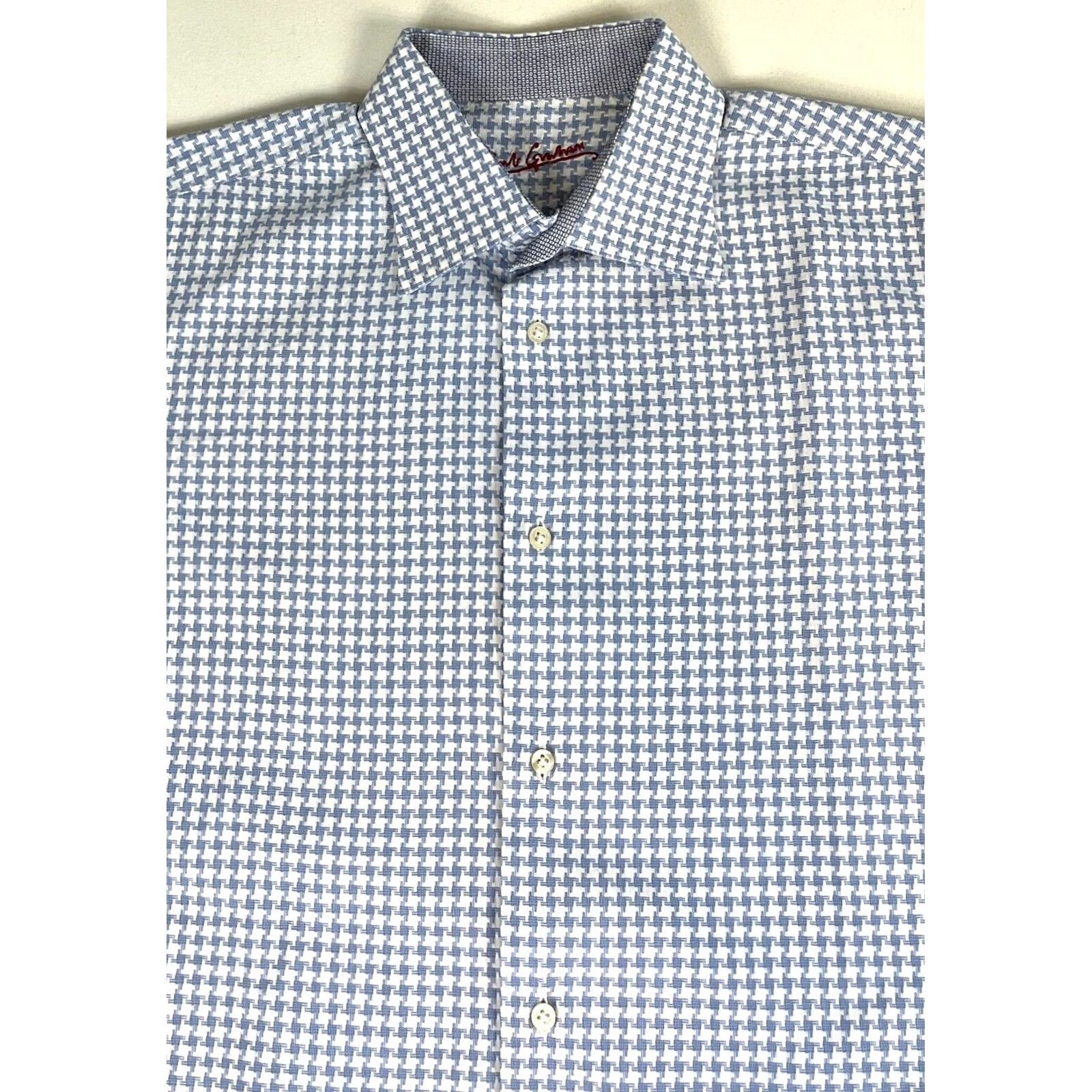 Robert Graham Robert Graham Men’s Button-Up Houndstooth Shirt L/XL White and Blue 100% Cotton Vintage Style Mens Size US L / EU 52-54 / 3 - 2 Thumbnail
