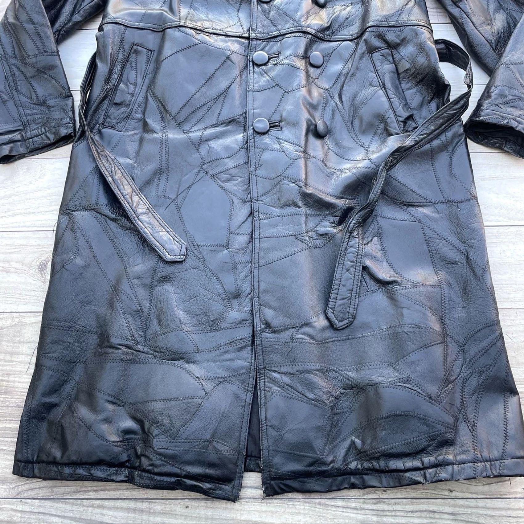Vintage Men's Black Patch Leather Full-Length Trench Coat Belted 2XL 3 Button Jacket Size US XXL / EU 58 / 5 - 3 Thumbnail
