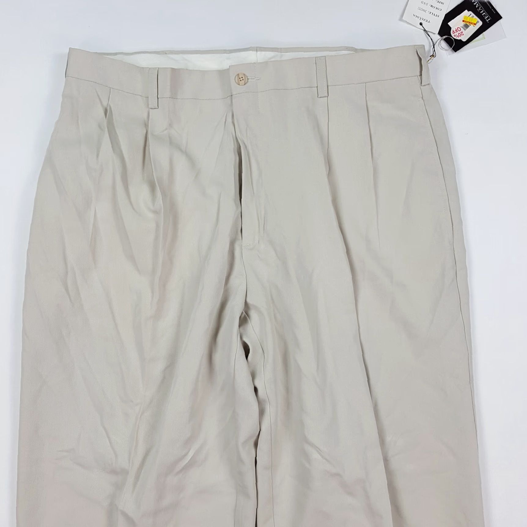Vintage Tehama Beige Tapered Relaxed Twill Pants Men 38x30 Chino Khaki Front Pleated Belt Loops Pockets 90s Retro Work Casual Shirt? Size US 38 / EU 54 - 2 Thumbnail