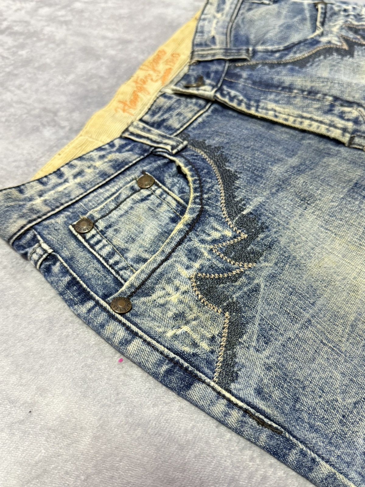 Japanese Brand Hang Ten Tribal Pocket Mud Wash Wide Leg Flared Jeans Size US 30 / EU 46 - 12 Thumbnail