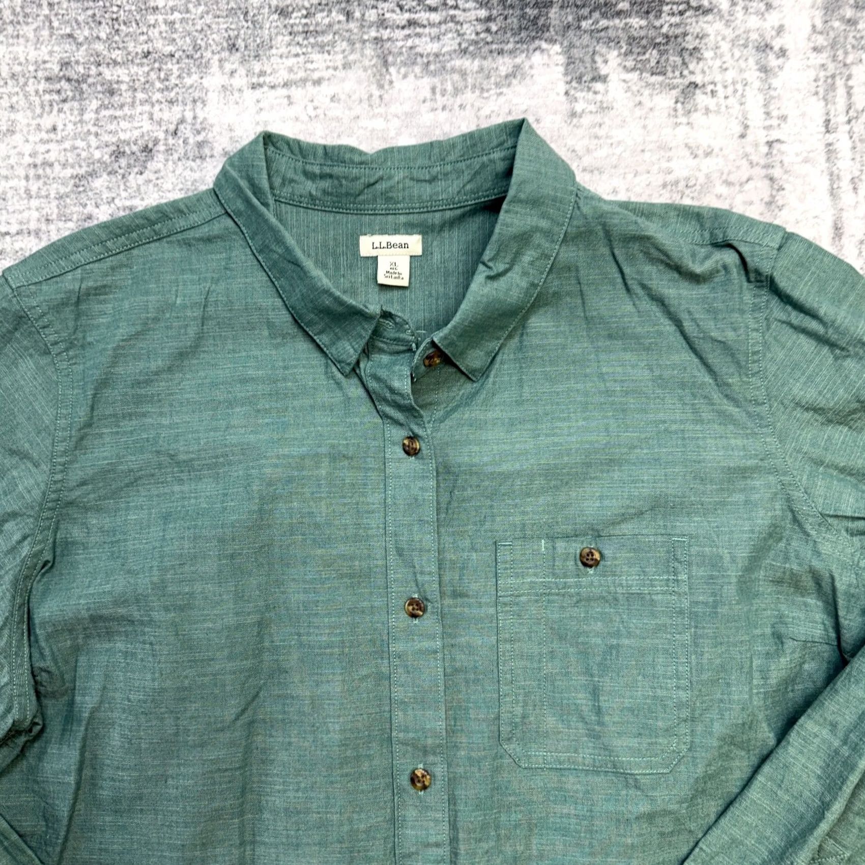 Vintage LL Bean Workshirt Womens XL Green Chambray Cotton Stretch Button Up Roll Tab Top Size XL / US 12-14 / IT 48-50 - 3 Thumbnail