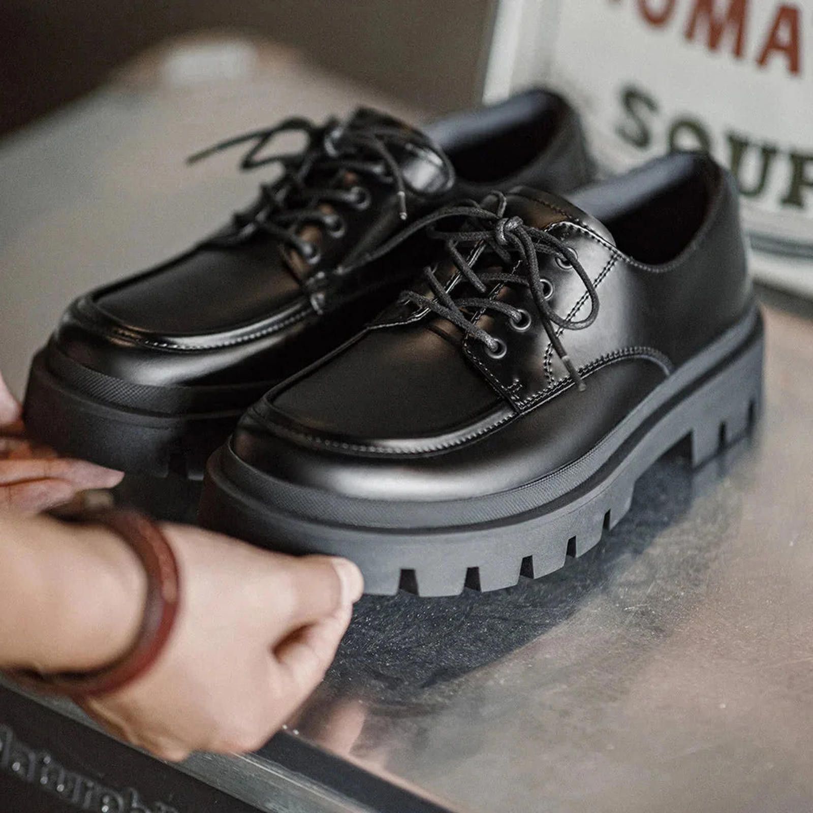 Black Apron Toe Lace Up Shoes