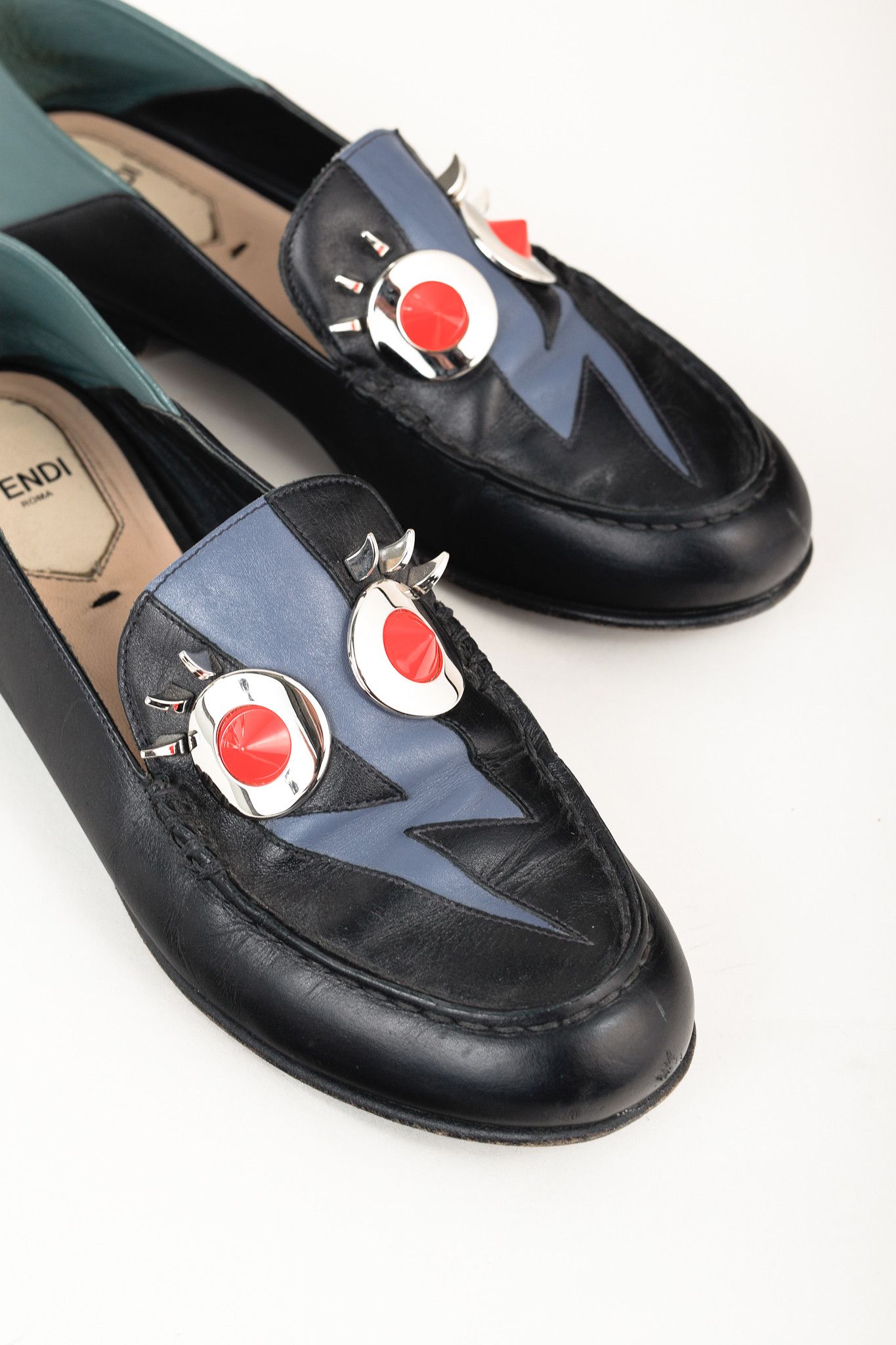 Fendi Fendi Monster Thunderbolt Eye Black Silver Studded Loafers Size US 5.5 / IT 35.5 - 6 Thumbnail
