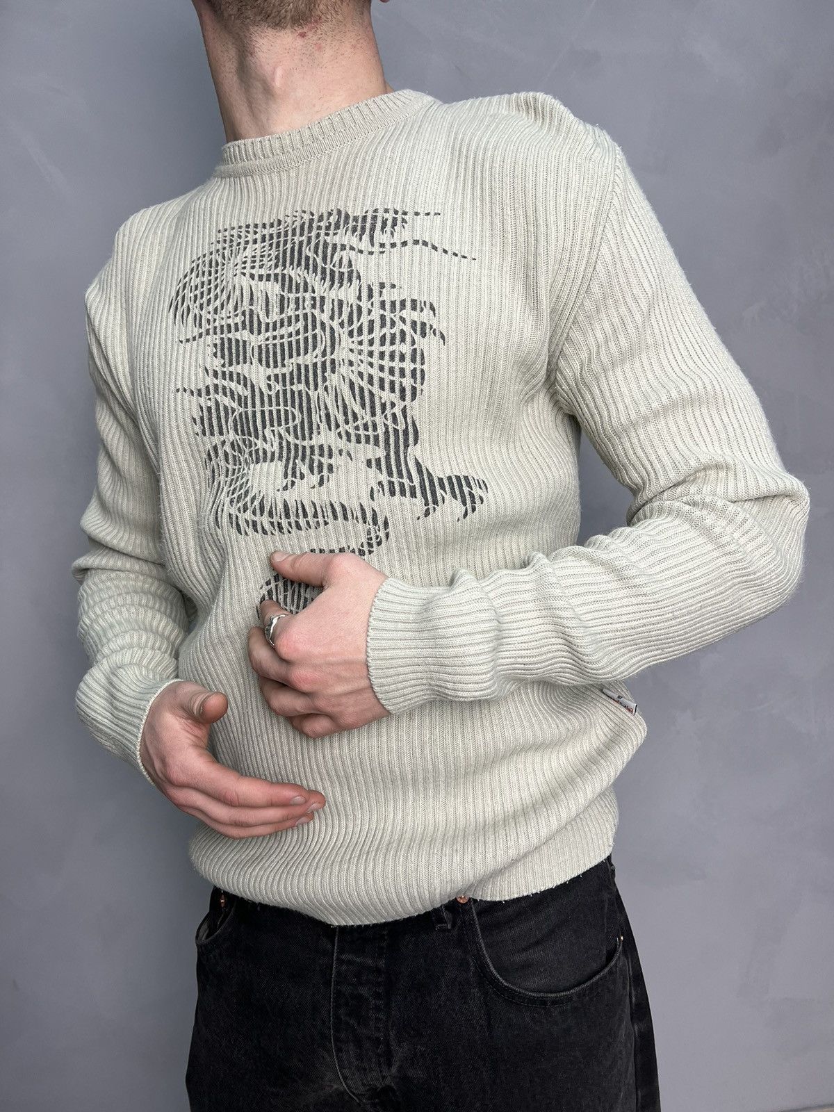 20471120 × Diesel VINTAGE ARCHIVE Y2K STRIPED DISTRESSED DRAGON DIESEL SWEATER Size US M / EU 48-50 / 2 - 3 Thumbnail