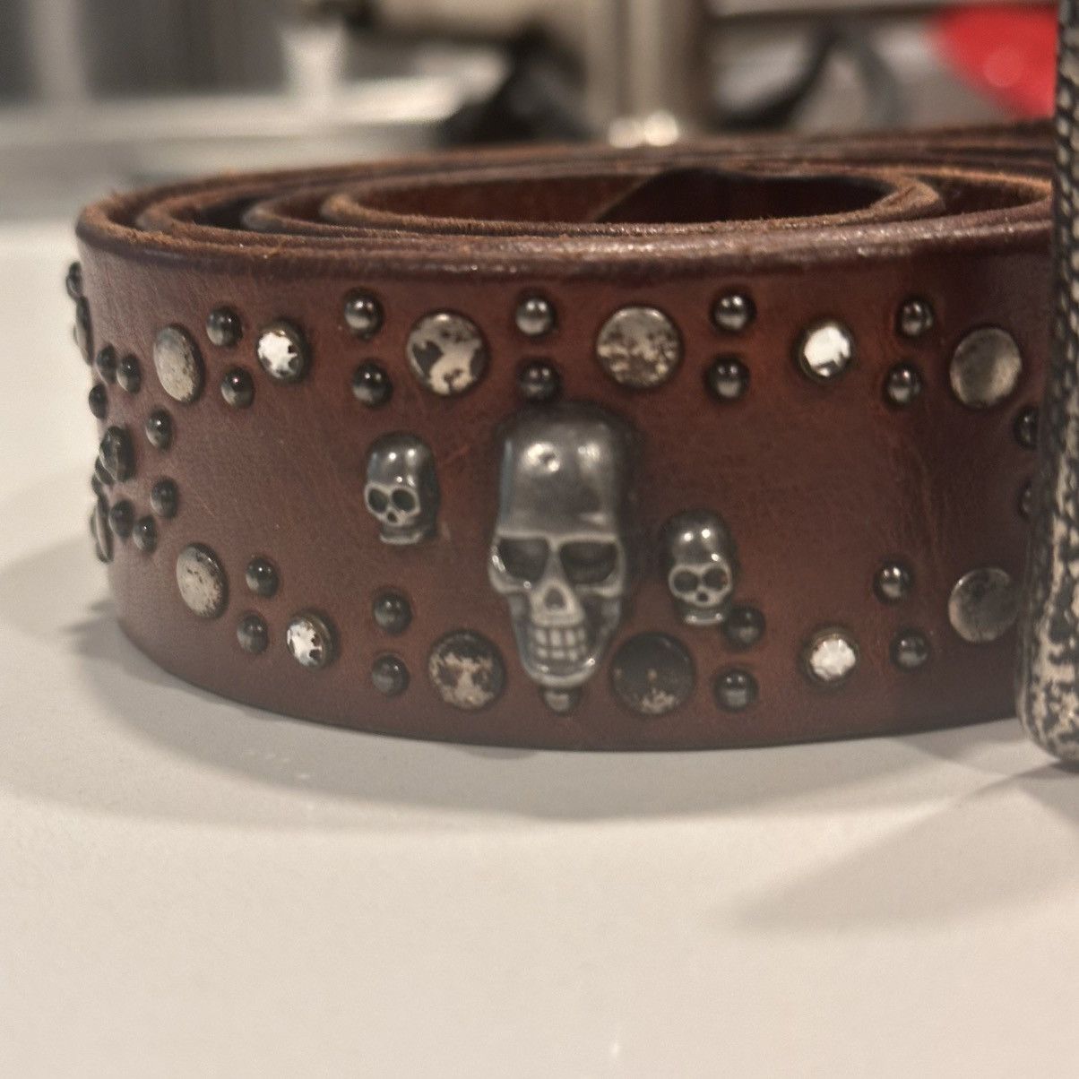 Other Vintage Brown Skull Studded Leather Belt (Size 36) Size 36 - 4 Thumbnail