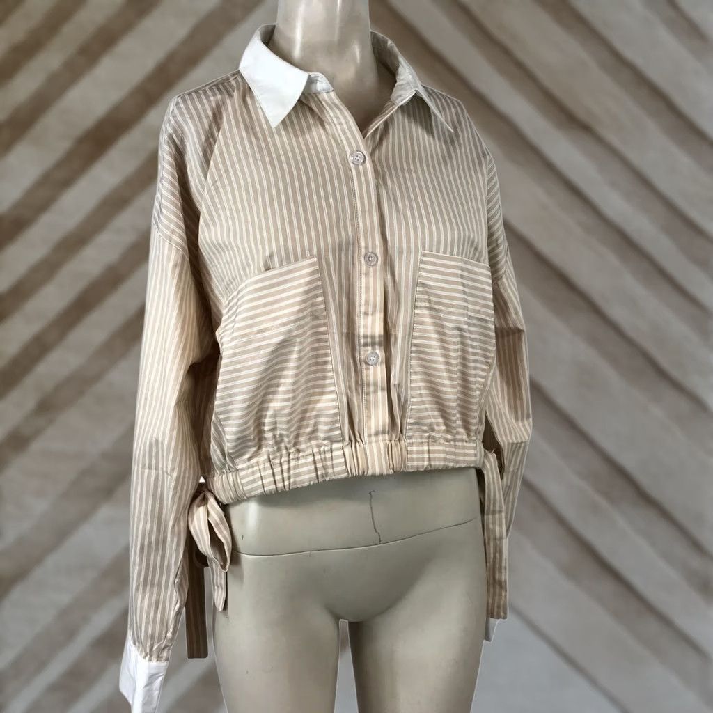 Vintage SANS SOUCI SHIRT TAN WOMEN'S XL GATHERED WAIST COTTON BLEND BUTTON COLLARED Size XL / US 12-14 / IT 48-50 - 1 Thumbnail