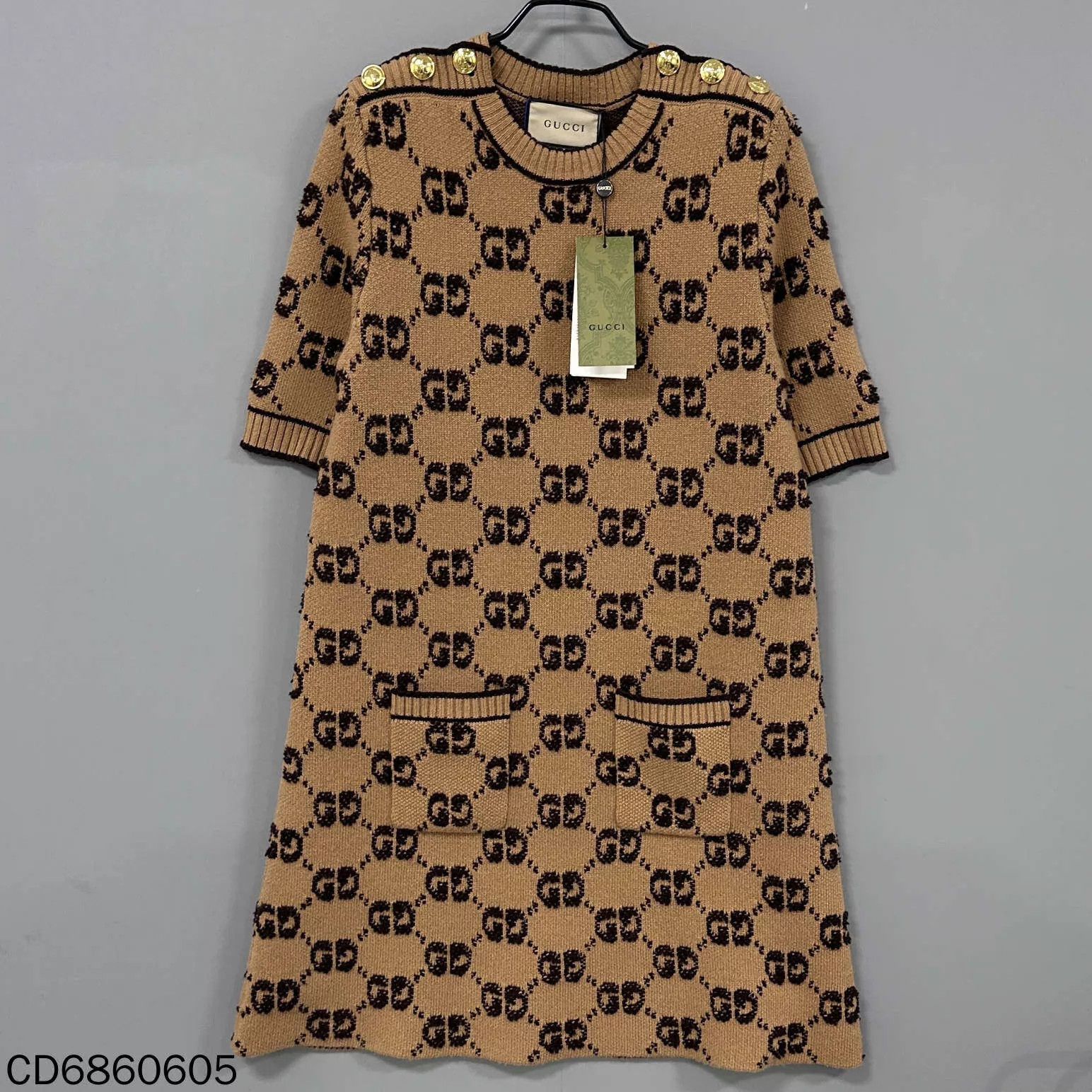 Gucci GUCCI Flocked All-Over Logo Gold Button Dress L Size L / US 10 / IT 46 - 1 Thumbnail