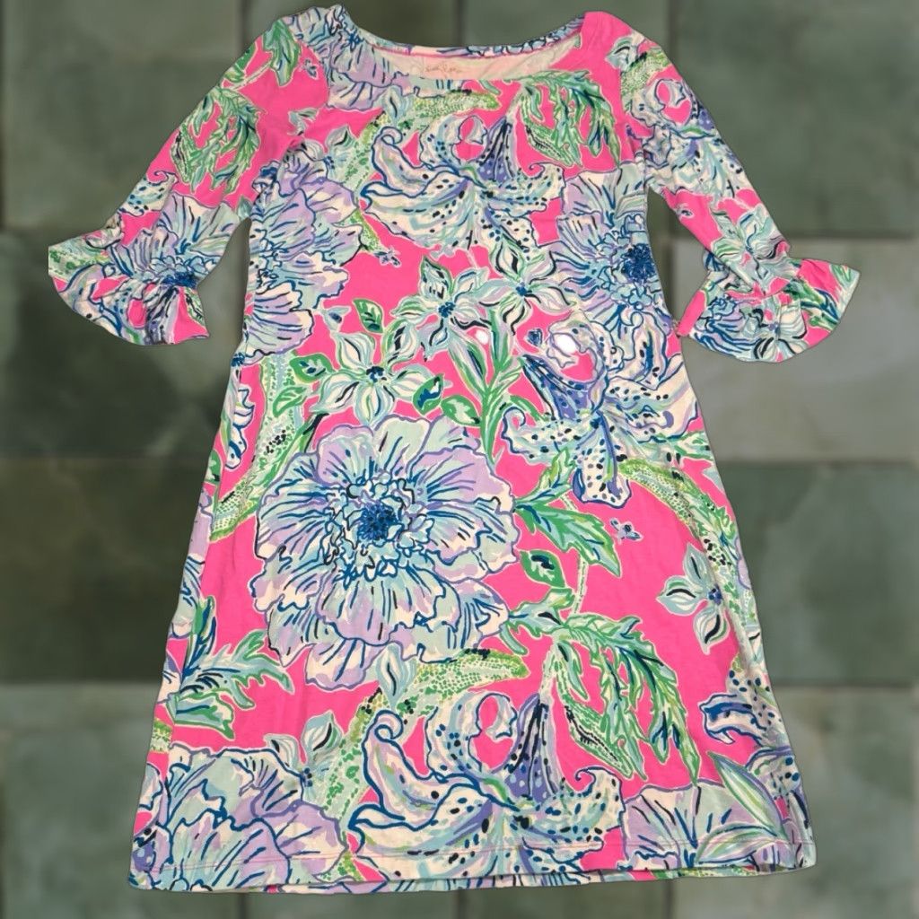 Lilly Pulitzer VINTAGE Lilly Pulitzer Women's Dress Short Sleeve Floral Rayon & Spandex Pink S Summer Casual Size S / US 4 / IT 40 - 1 Thumbnail