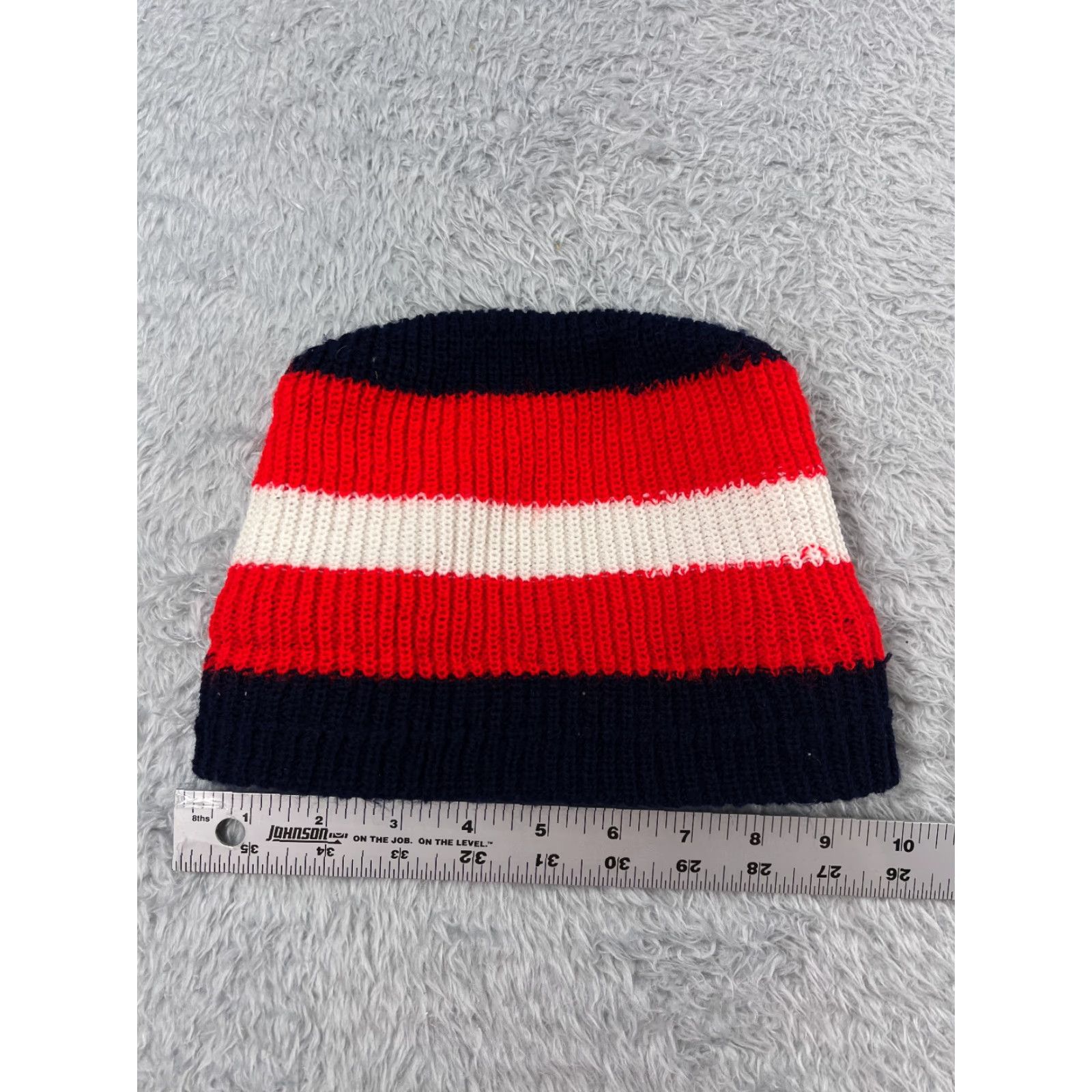Vintage Beanie Beanie Adult One Size Red Blue White Stripe Knit Acrylic Snow Winter Ski Shirt Hat Mens Beanie Stripe 90s Outdoor Size ONE SIZE - 3 Thumbnail