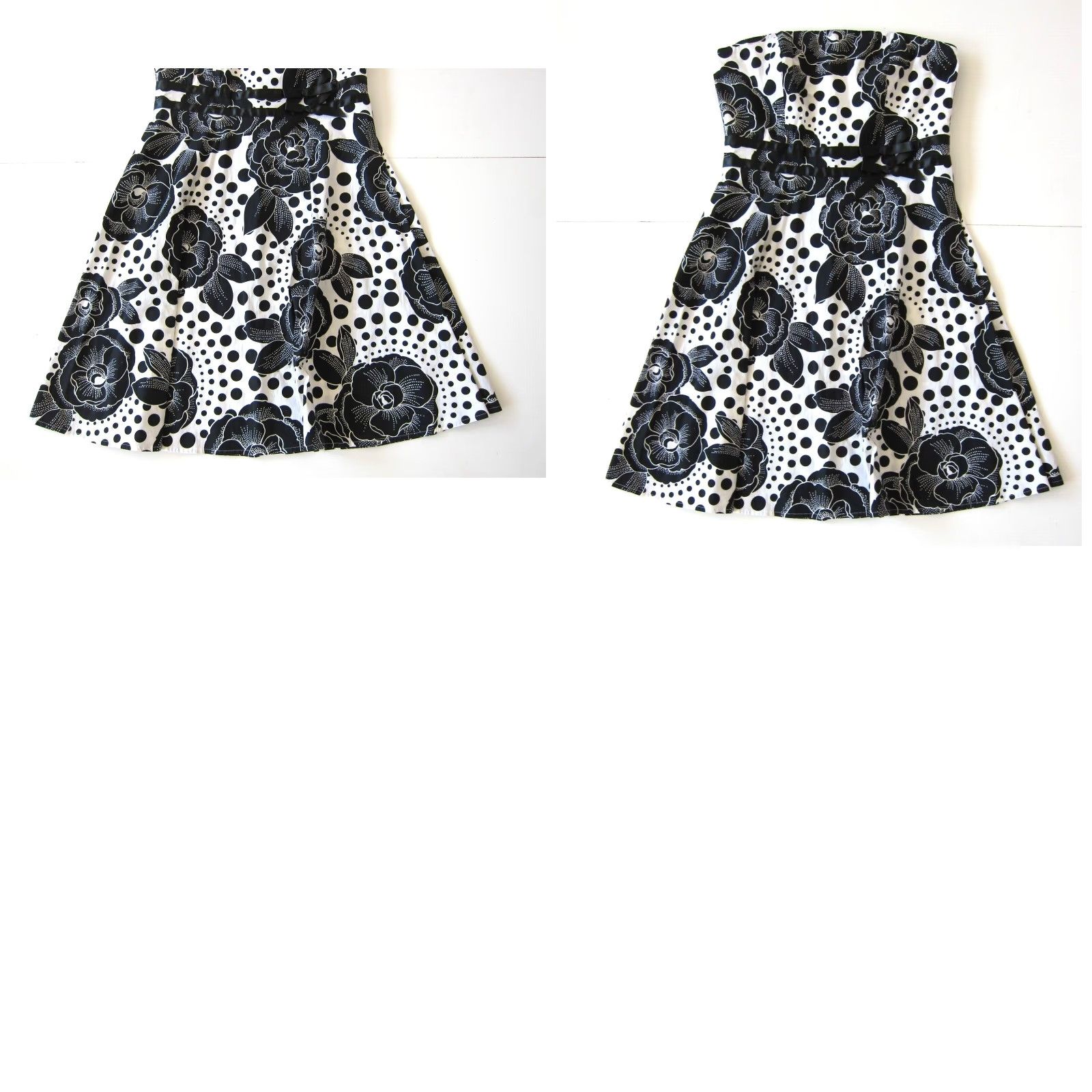 Vintage VINTAGE XOXO Collection Black White Polka Dot Floral Cotton Stretch Strapless Dress 11/L Size L / US 10 / IT 46 - 8 Thumbnail