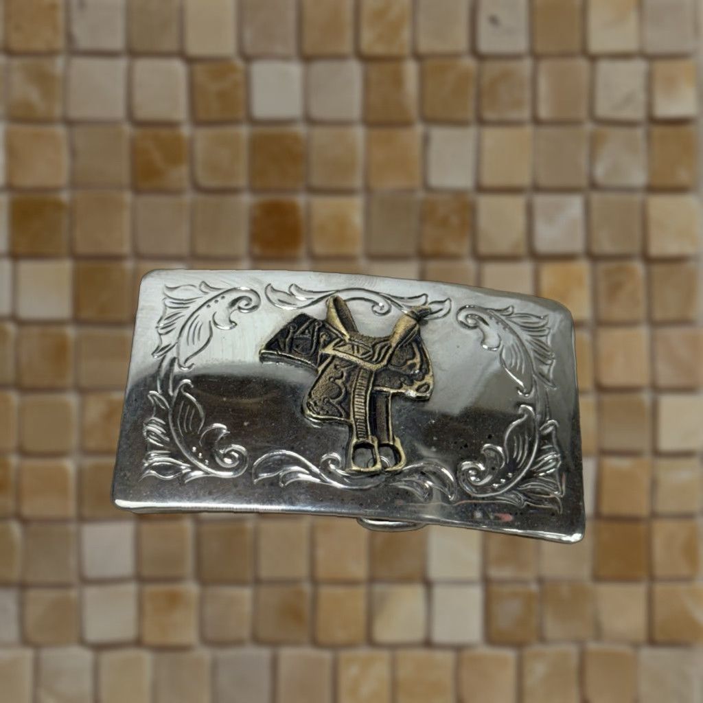Vintage VINTAGE Western Belt Buckle 3D Saddle Floral Silver Tone Rectangular 1.75 in Men Size ONE SIZE - 1 Thumbnail