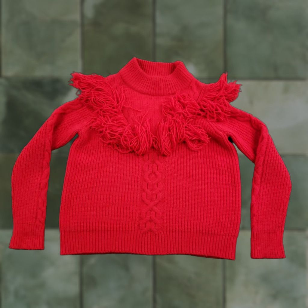 Vintage Tuckernuck Sweater Womens Medium Red Fringe Mock Neck Cable Knit Chunky Pullover Size M / US 6-8 / IT 42-44 - 1 Thumbnail