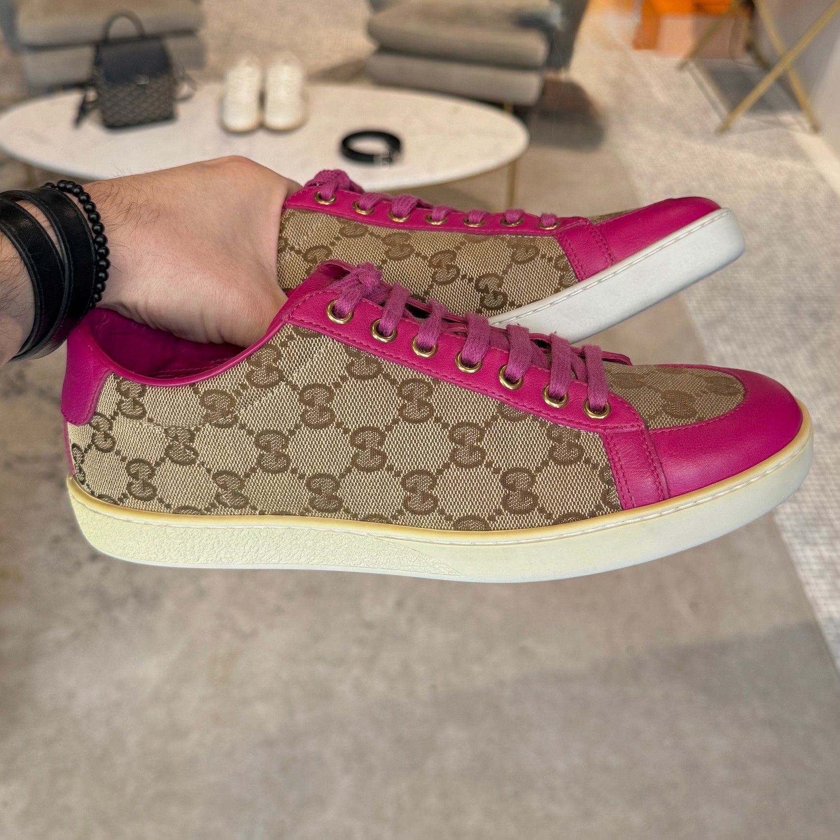 Gucci Gucci Beige GG Canvas Fuchsia Leather Brooklyn Sneakers Size US 7.5 / IT 37.5 - 13 Thumbnail