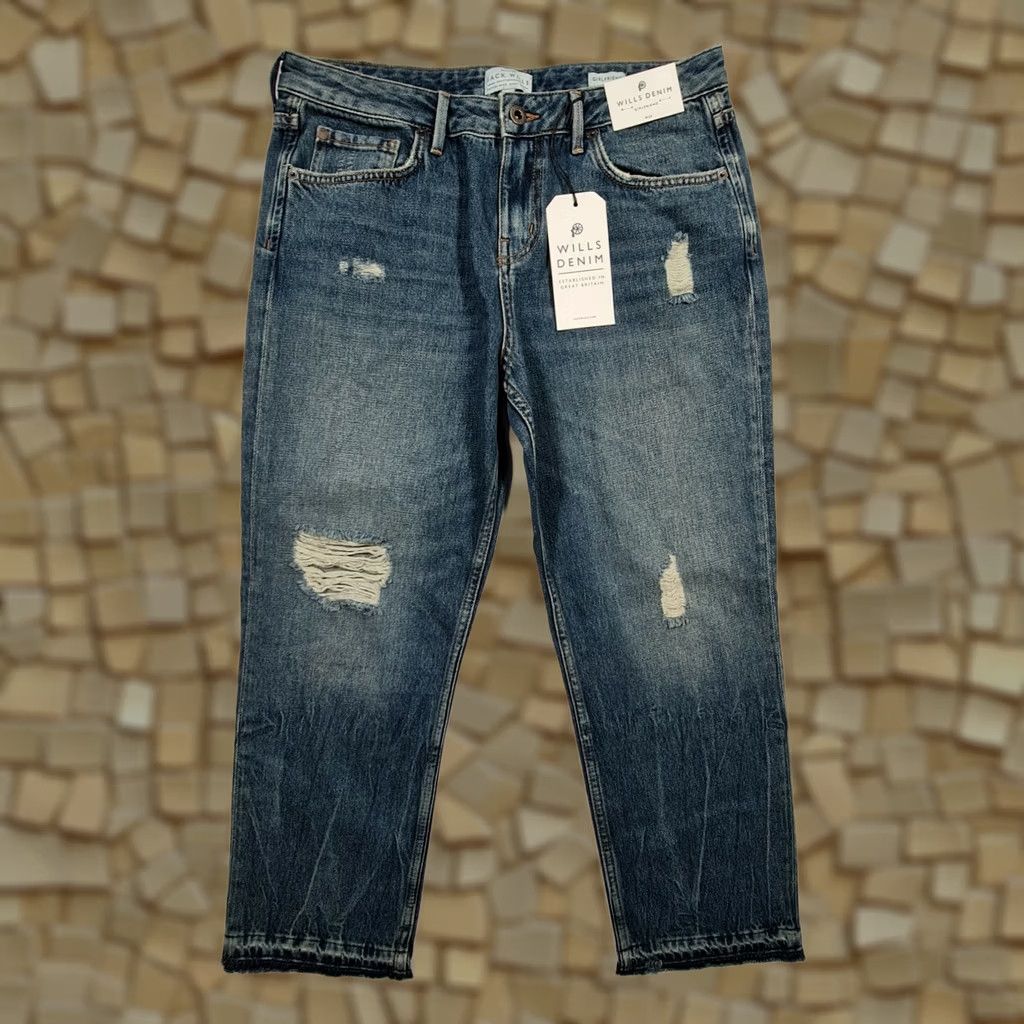 Jack Wills Jack Wills Jeans Blue W29 Girlfriend Tapered Denim Distressed 5-Pocket Womens Regular Large Size 29" - 1 Thumbnail