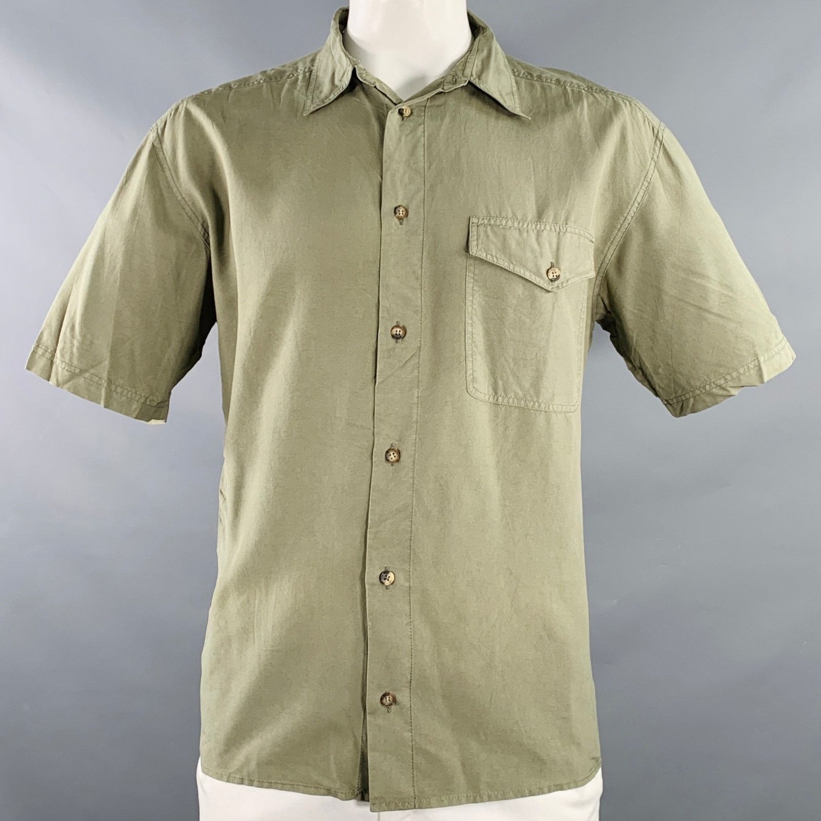Byblos Green Olive Silk One Pocket Short Sleeve Shirt Size US S / EU 44-46 / 1 - 1 Thumbnail