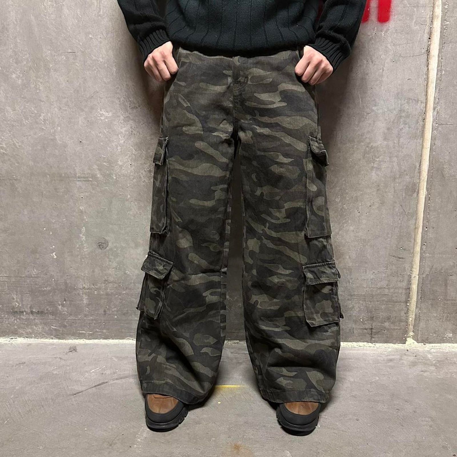 GREEN CAMO CARGO Baggy y2k DENIM WAIST 28 ND